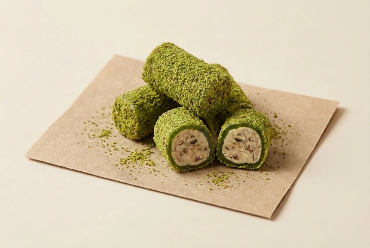 Green-velvet coated almond cream roll lokum — Turkish Manufacturer_2