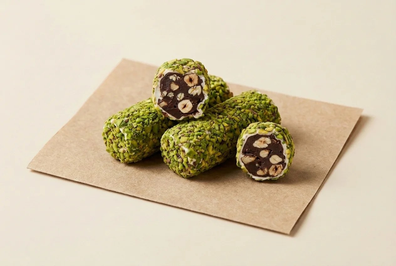 Slivered-pistachio coated hazelnut cocoa cream roll lokum — Turkish Manufacturer_2
