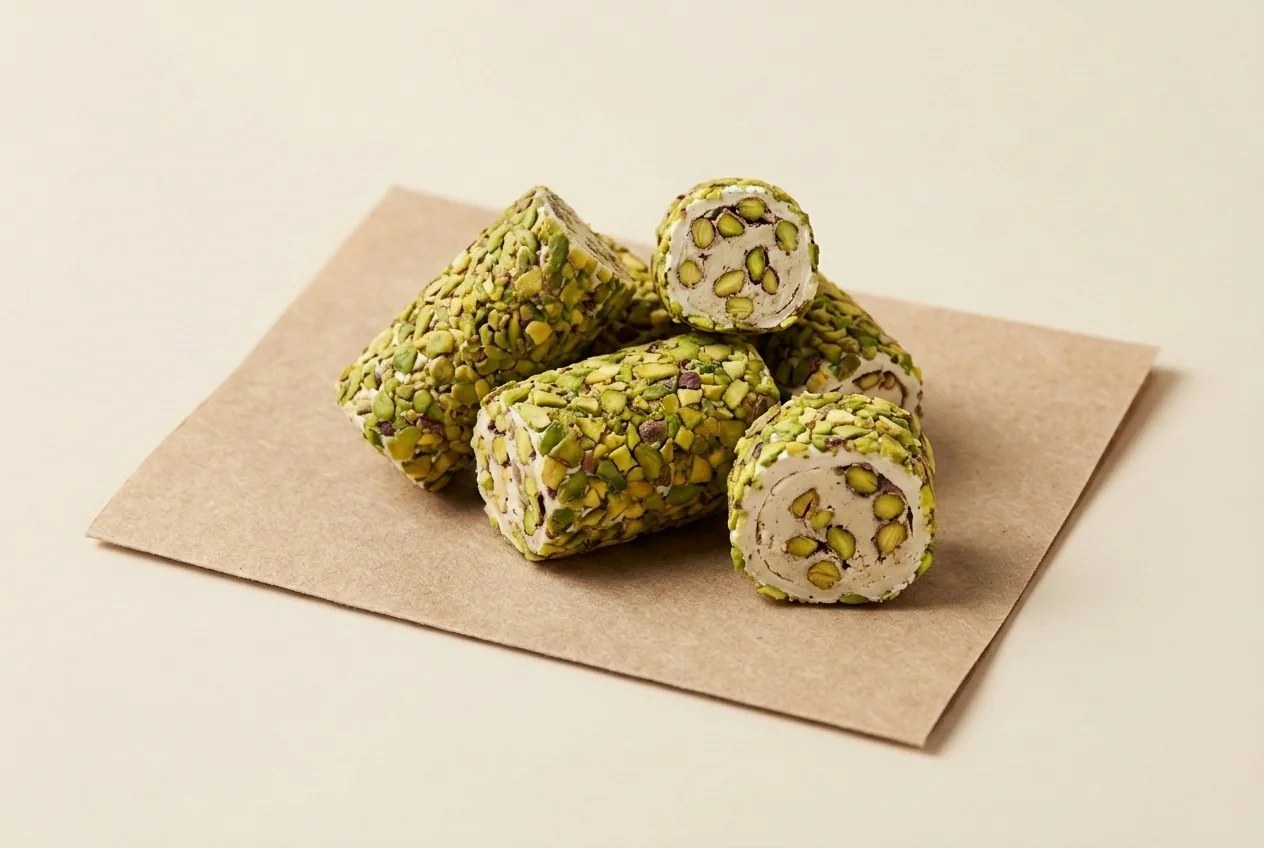 Coconut and pistachio-grain coated pistachio cream roll lokum — Turkish Manufacturer_2