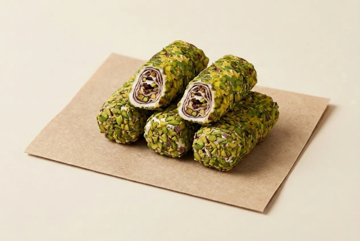 Slivered-pistachio coated chocolate roulade lokum — Turkish Manufacturer_2