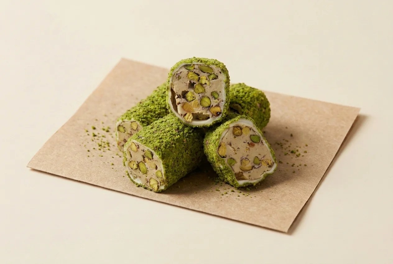 Ground-pistachio coated pistachio cream roulade lokum — Turkish Manufacturer_2