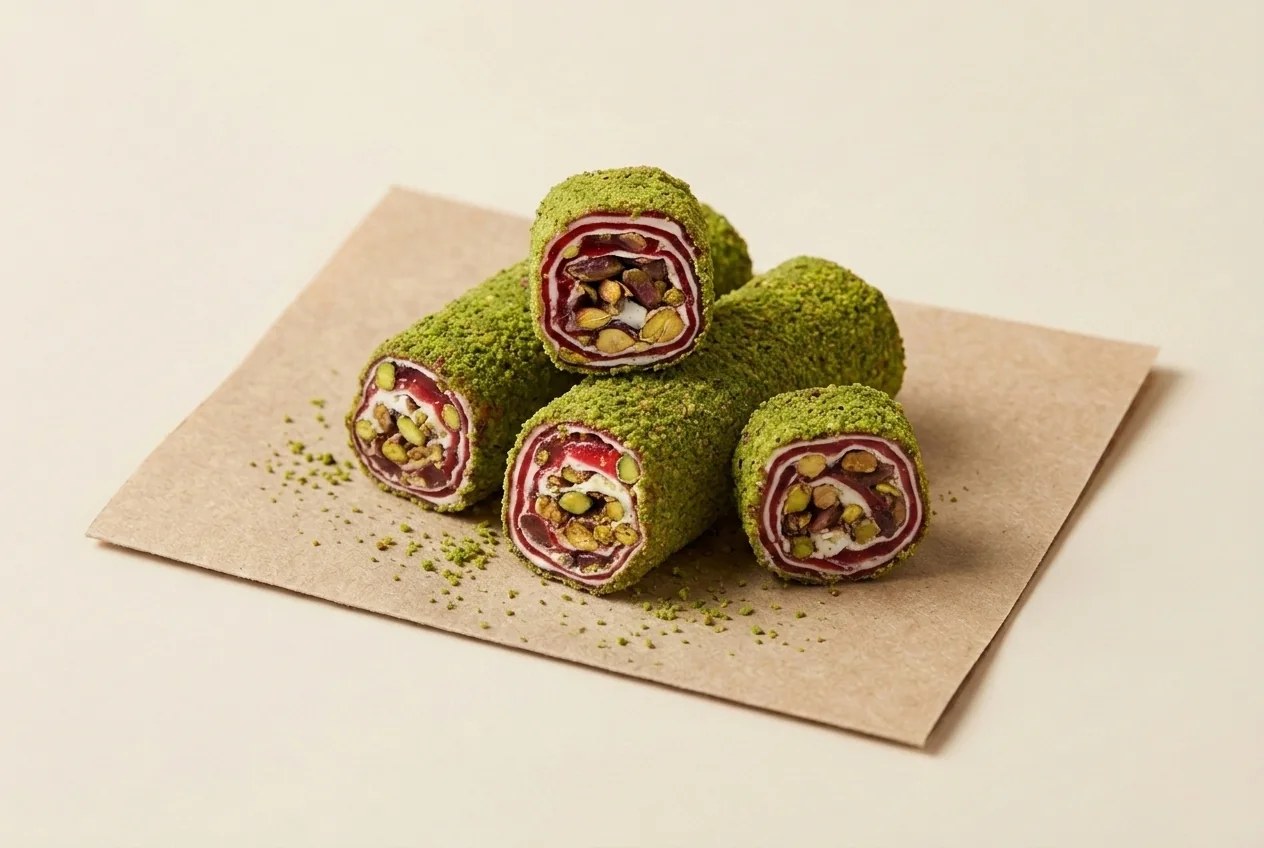 Ground-pistachio coated pomegranate and pistachio roulade lokum — Turkish Manufacturer_2
