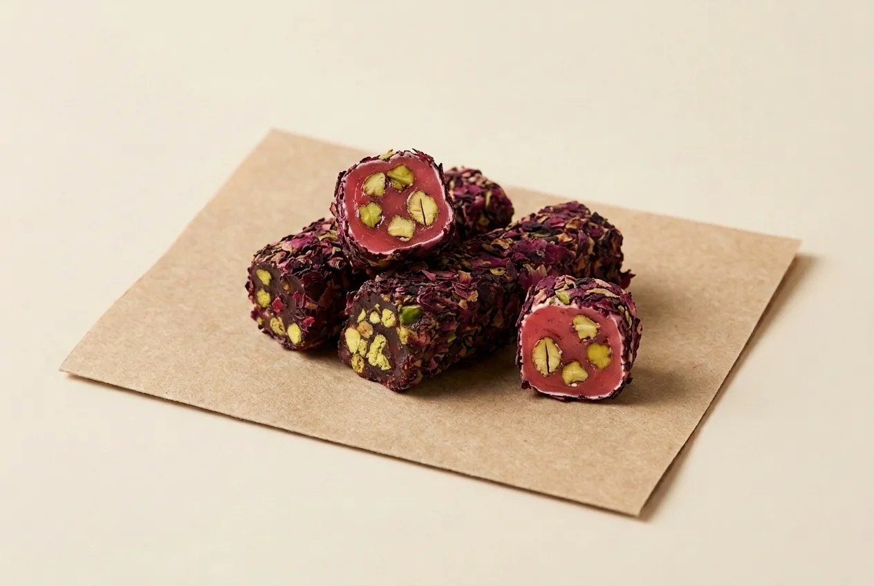 Rose-petal coated pomegranate and pistachio royal lokum — Turkish Manufacturer_2