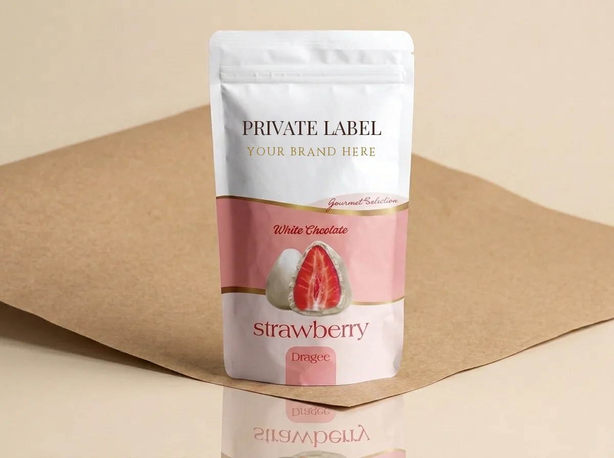 Freeze-dried strawberry, white coating (80 g stand-up doypack, zip) dragée — Turkish Manufacturer_2