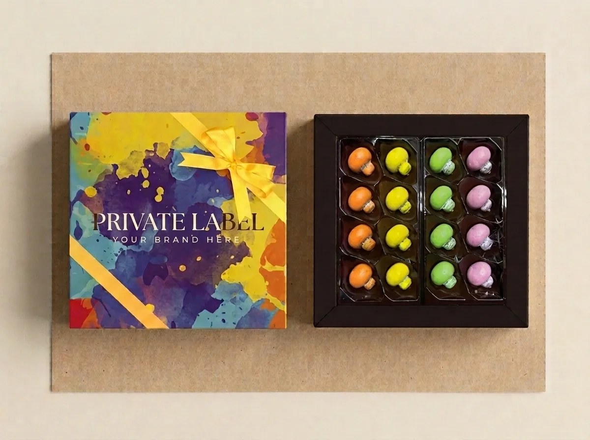 Praline-filled mushrooms, coloured (260 g gift box with window) dragée — Turkish Manufacturer_2