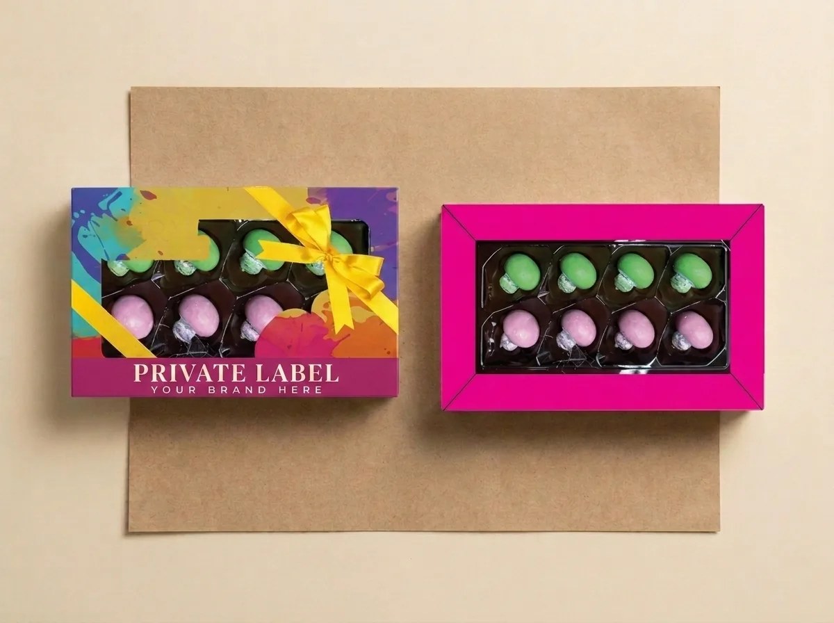Praline-filled mushrooms, coloured (130 g gift box with window) dragée — Turkish Manufacturer_2
