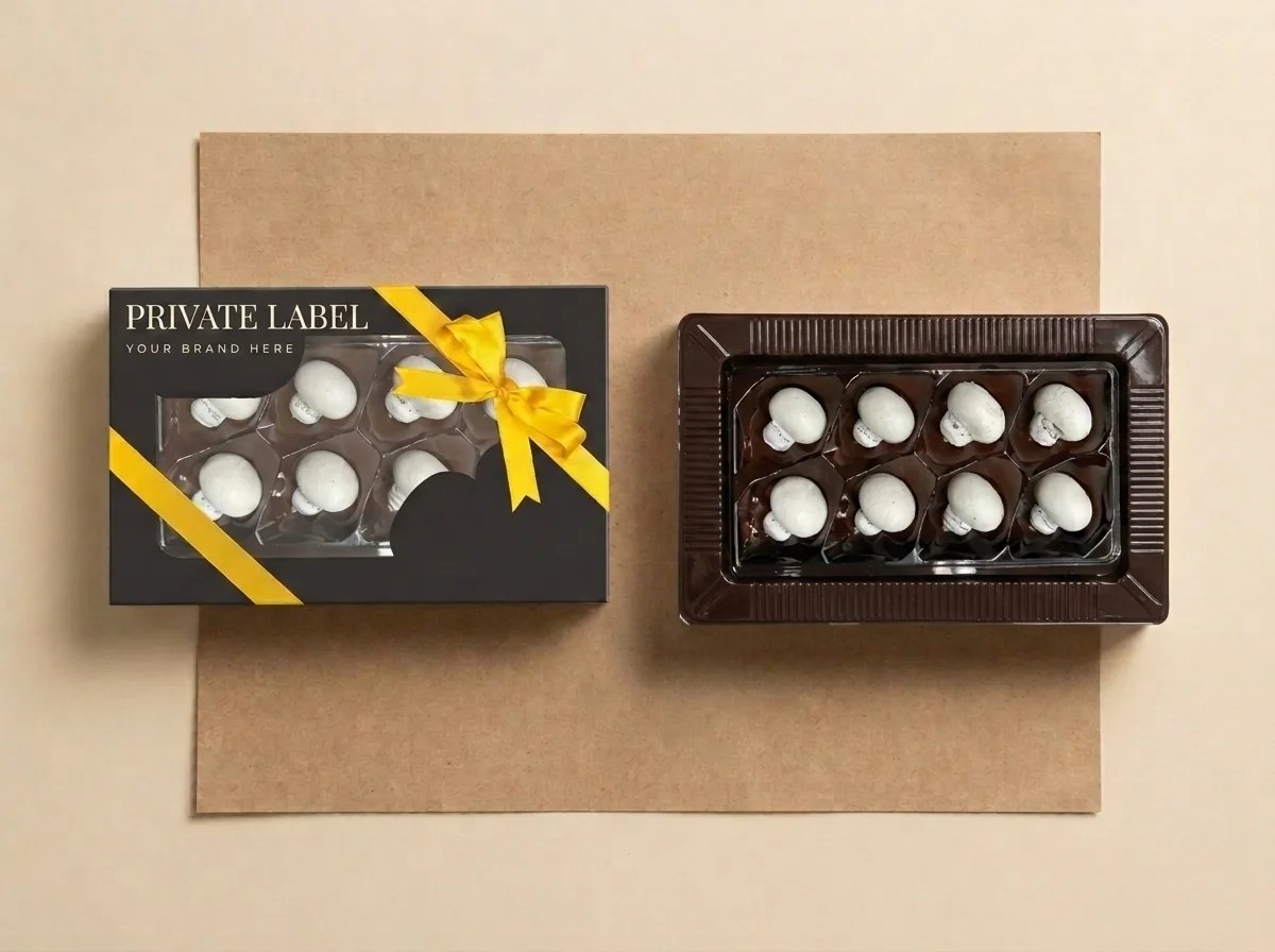 Praline-filled mushrooms, white (130 g gift box with window) dragée — Turkish Manufacturer_2