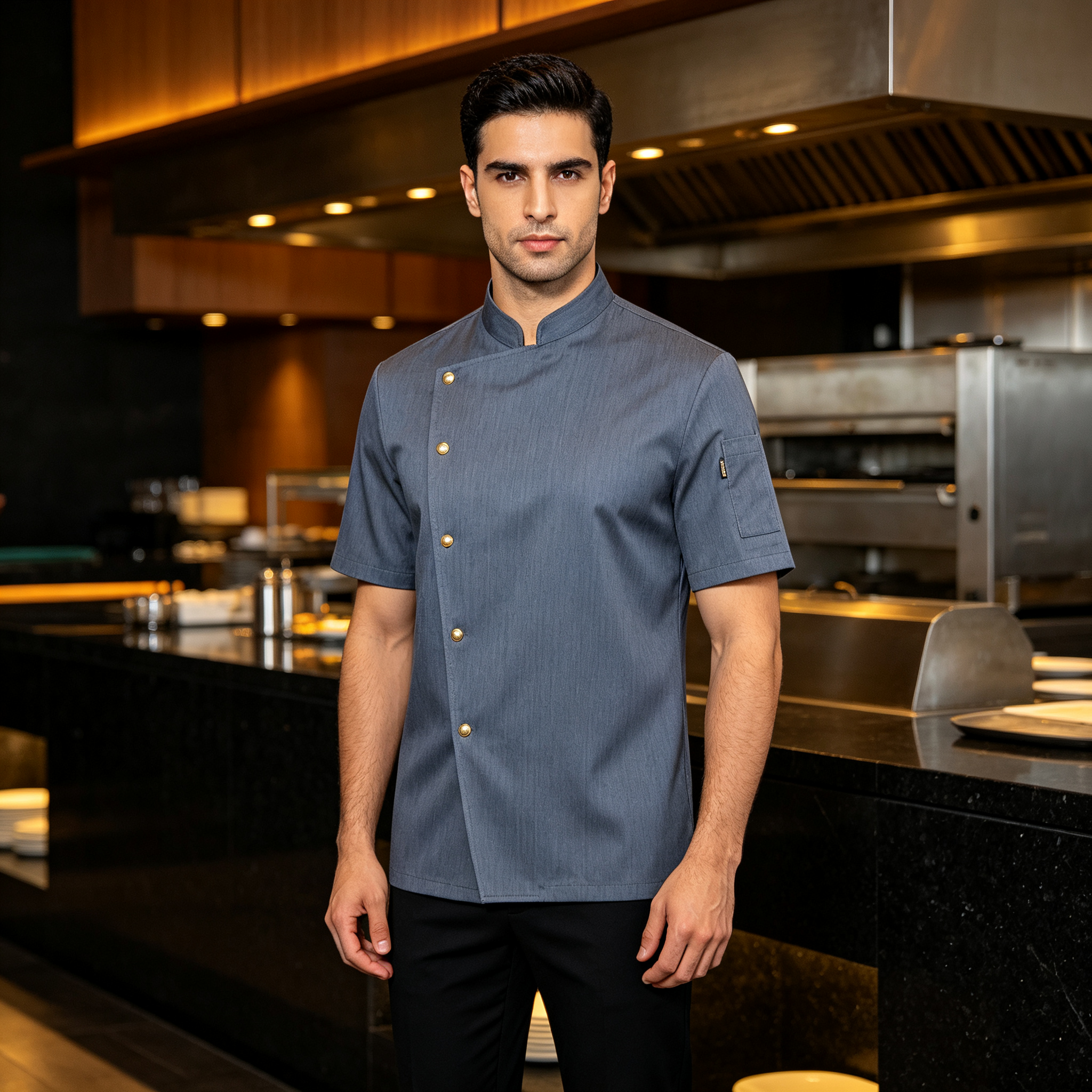 Long sleeve white chef jacket with contrast red piping Double breasted white buttons for a classic clean look Stylish chest detail pocket for added personality Full sleeves for arm protection in busy kitchens Smooth durable fabric for daily professional wear Plain back for a neat consistent uniform appearance Ideal for hotel kitchens, restaurants and catering teams_8