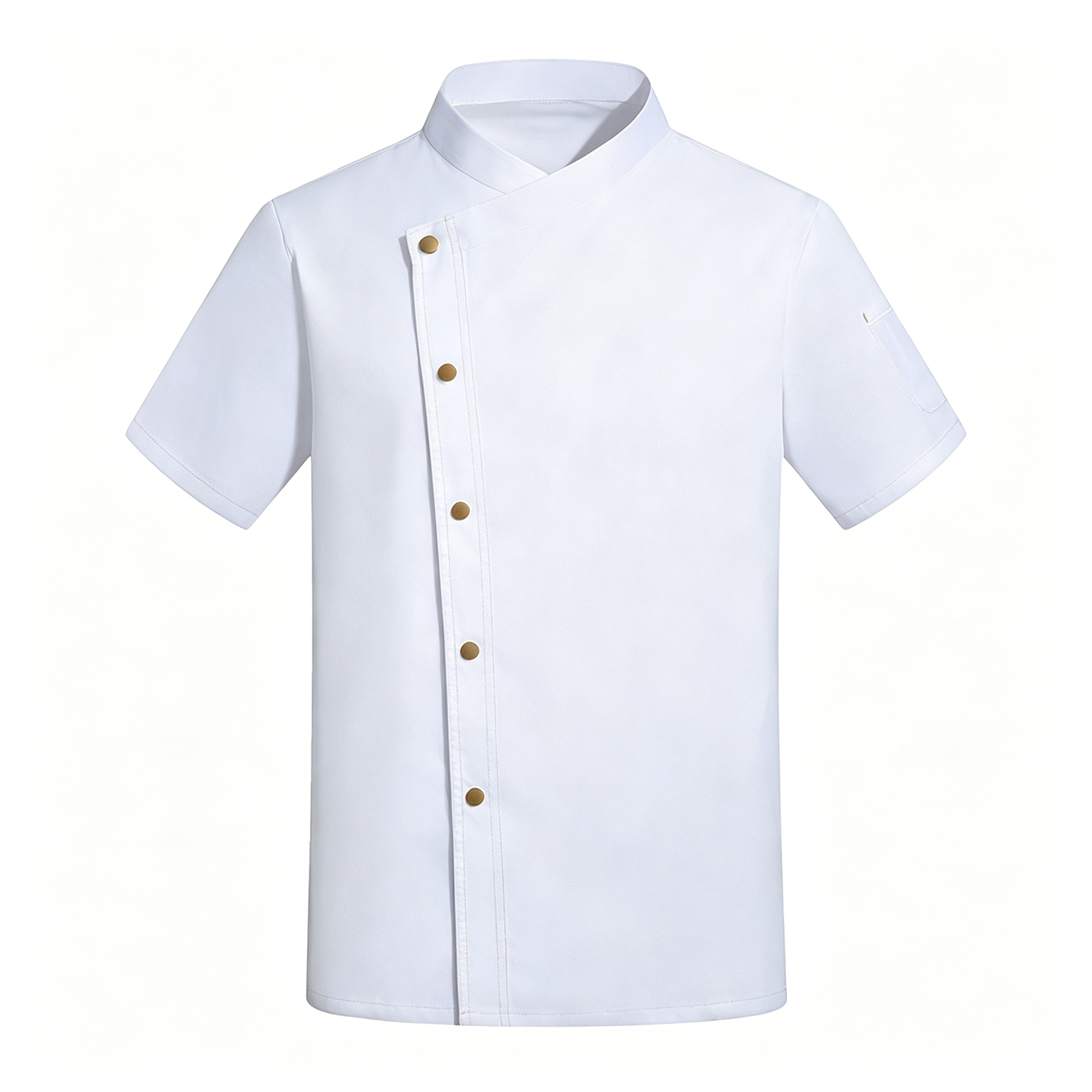 Long sleeve white chef jacket with contrast red piping Double breasted white buttons for a classic clean look Stylish chest detail pocket for added personality Full sleeves for arm protection in busy kitchens Smooth durable fabric for daily professional wear Plain back for a neat consistent uniform appearance Ideal for hotel kitchens, restaurants and catering teams_6