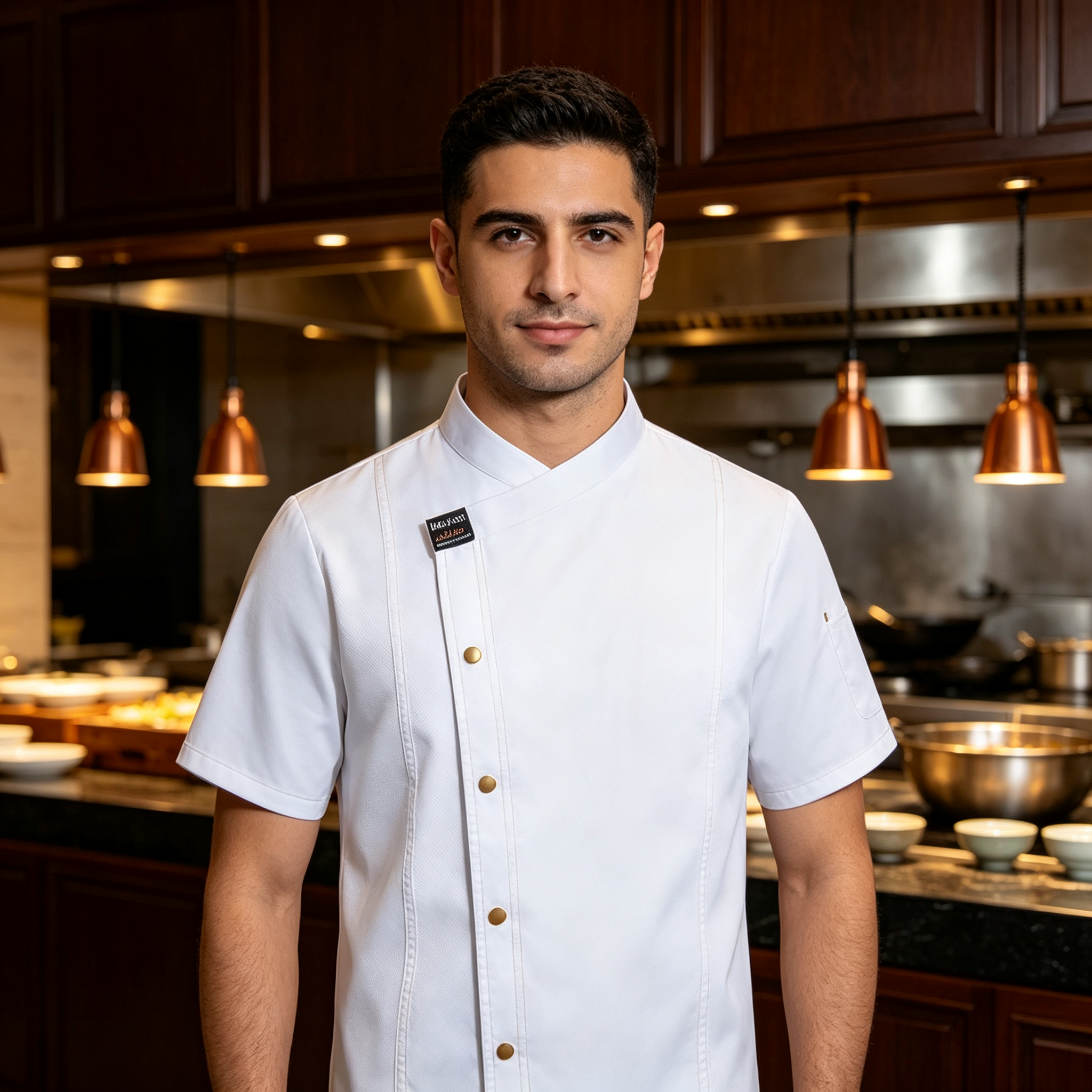 Long sleeve white chef jacket with contrast red piping Double breasted white buttons for a classic clean look Stylish chest detail pocket for added personality Full sleeves for arm protection in busy kitchens Smooth durable fabric for daily professional wear Plain back for a neat consistent uniform appearance Ideal for hotel kitchens, restaurants and catering teams_4