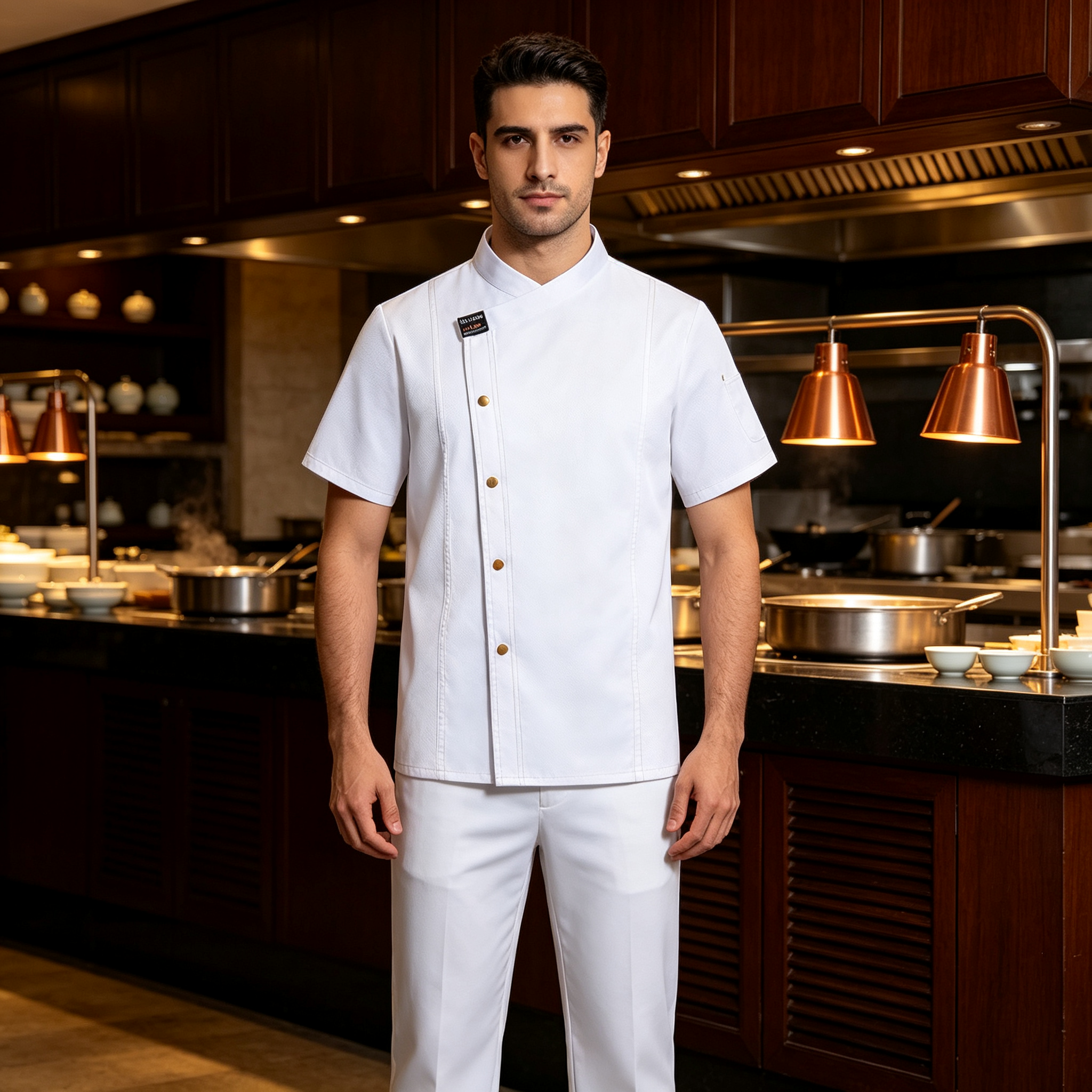 Long sleeve white chef jacket with contrast red piping Double breasted white buttons for a classic clean look Stylish chest detail pocket for added personality Full sleeves for arm protection in busy kitchens Smooth durable fabric for daily professional wear Plain back for a neat consistent uniform appearance Ideal for hotel kitchens, restaurants and catering teams_5