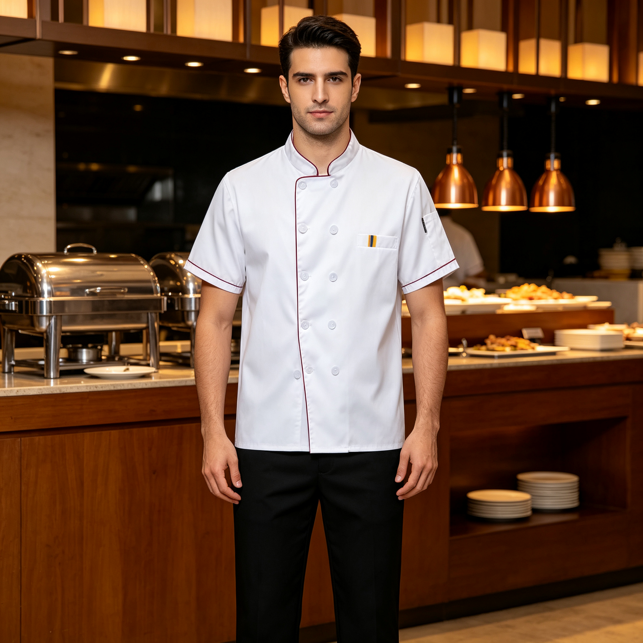 Complete chef jacket, apron and hat set Contrast red piping for a classic restaurant look Double breasted white buttons and chest detail pocket Black striped apron with waist tie and pockets Matching chef hat for a professional uniform finish Plain jacket back for a neat consistent appearance Ideal for bakeries, cafes, hotels and pastry kitchens_5