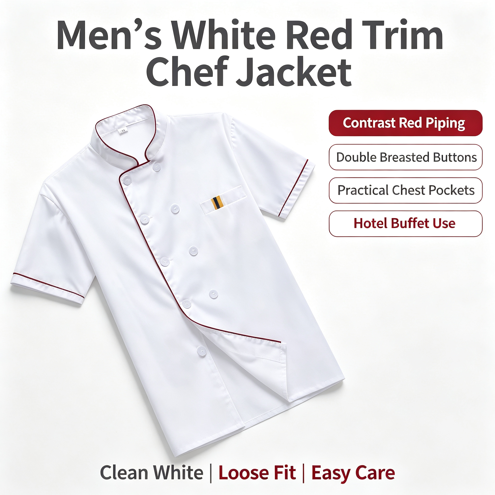 Men’s White Red Trim Chef Jacket with Striped Apron and Hat – Full Professional Uniform Set for Bakery, Cafe & Hotel Use