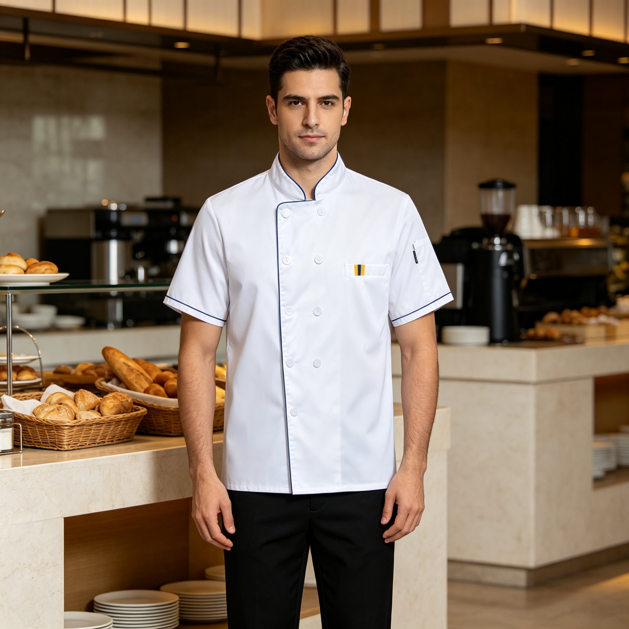 Complete chef jacket, apron and hat set Contrast red piping for a classic restaurant look Double breasted white buttons and chest detail pocket Black striped apron with waist tie and pockets Matching chef hat for a professional uniform finish Plain jacket back for a neat consistent appearance Ideal for bakeries, cafes, hotels and pastry kitchens_3