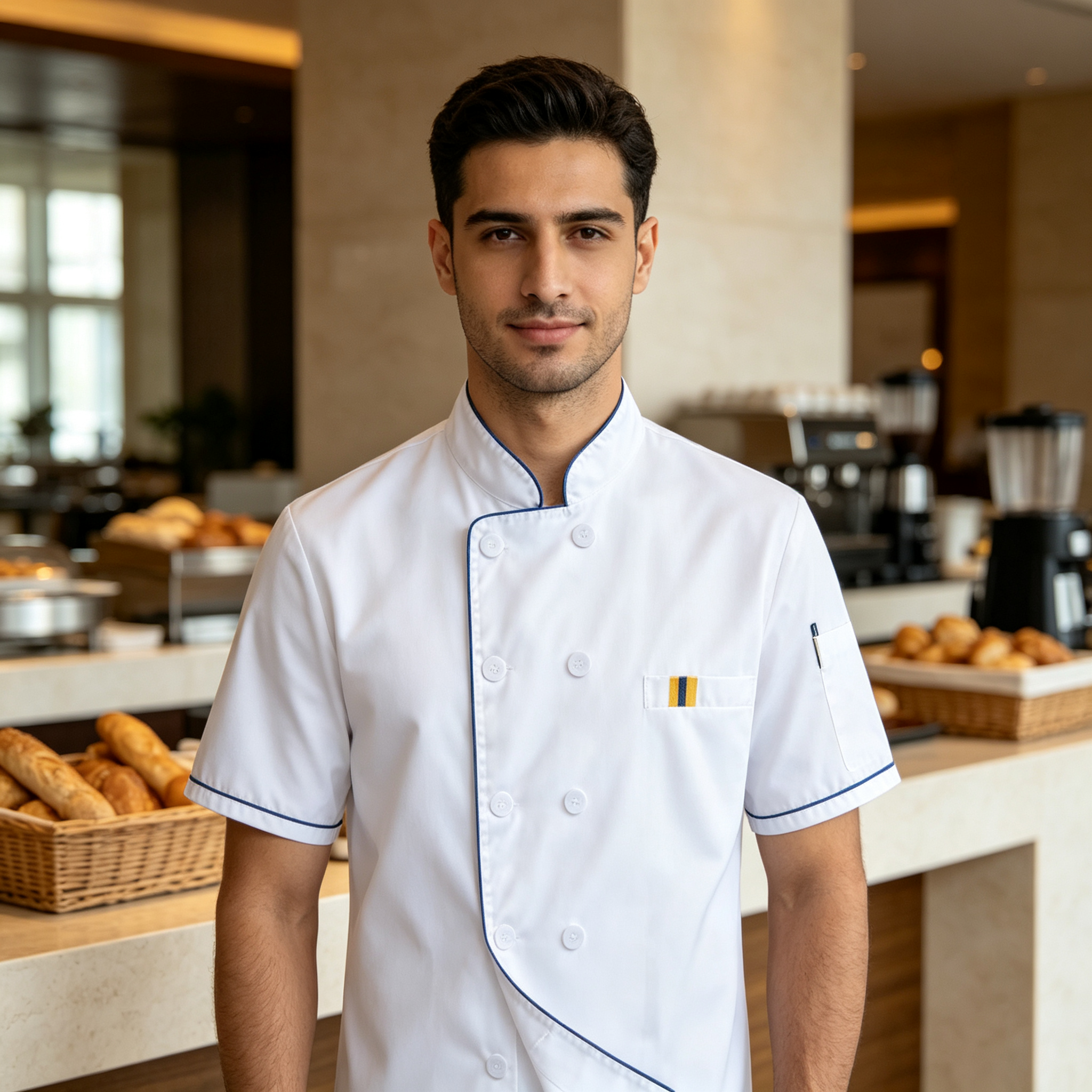 Complete chef jacket, apron and hat set Contrast red piping for a classic restaurant look Double breasted white buttons and chest detail pocket Black striped apron with waist tie and pockets Matching chef hat for a professional uniform finish Plain jacket back for a neat consistent appearance Ideal for bakeries, cafes, hotels and pastry kitchens_4