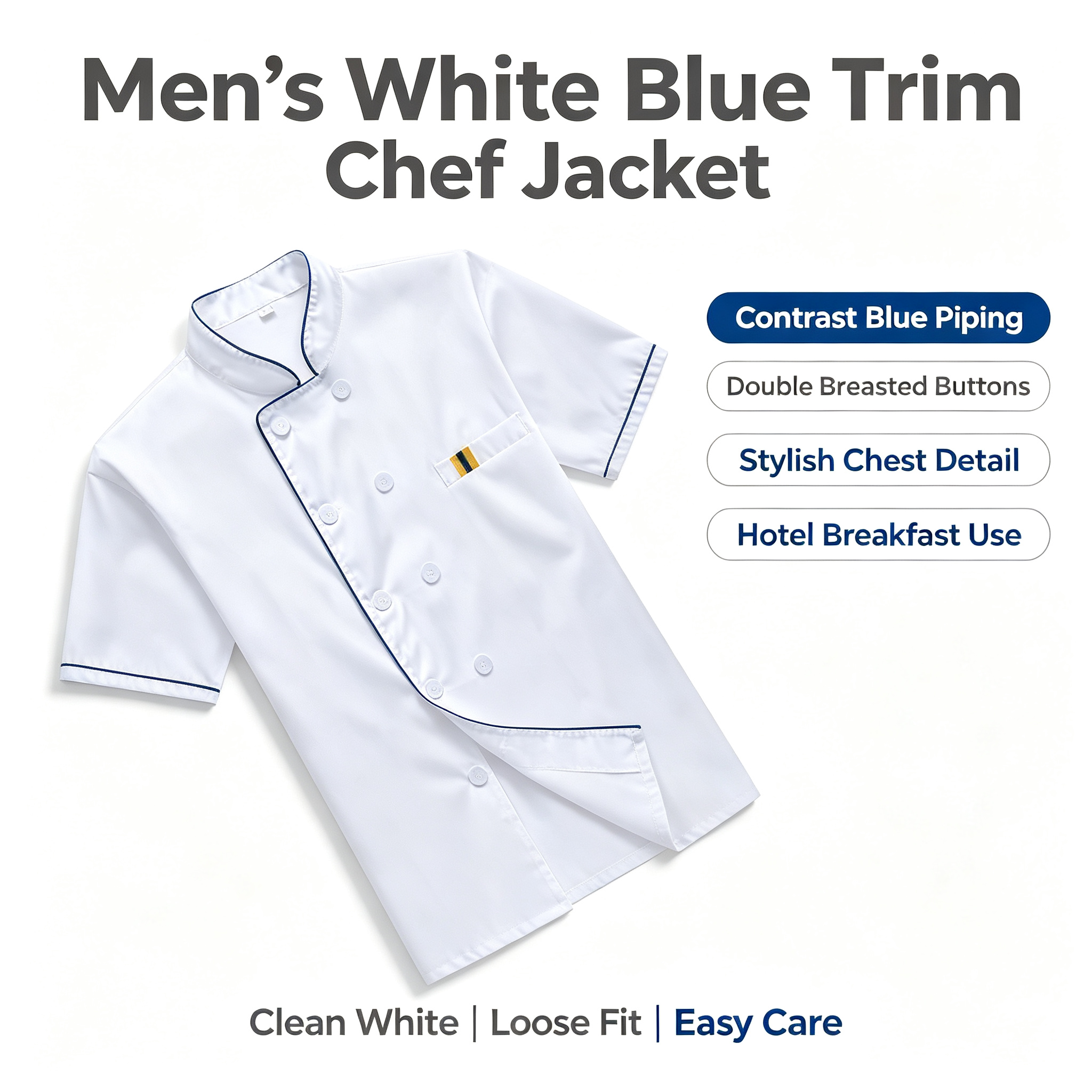 Complete chef jacket, apron and hat set Contrast red piping for a classic restaurant look Double breasted white buttons and chest detail pocket Black striped apron with waist tie and pockets Matching chef hat for a professional uniform finish Plain jacket back for a neat consistent appearance Ideal for bakeries, cafes, hotels and pastry kitchens_7