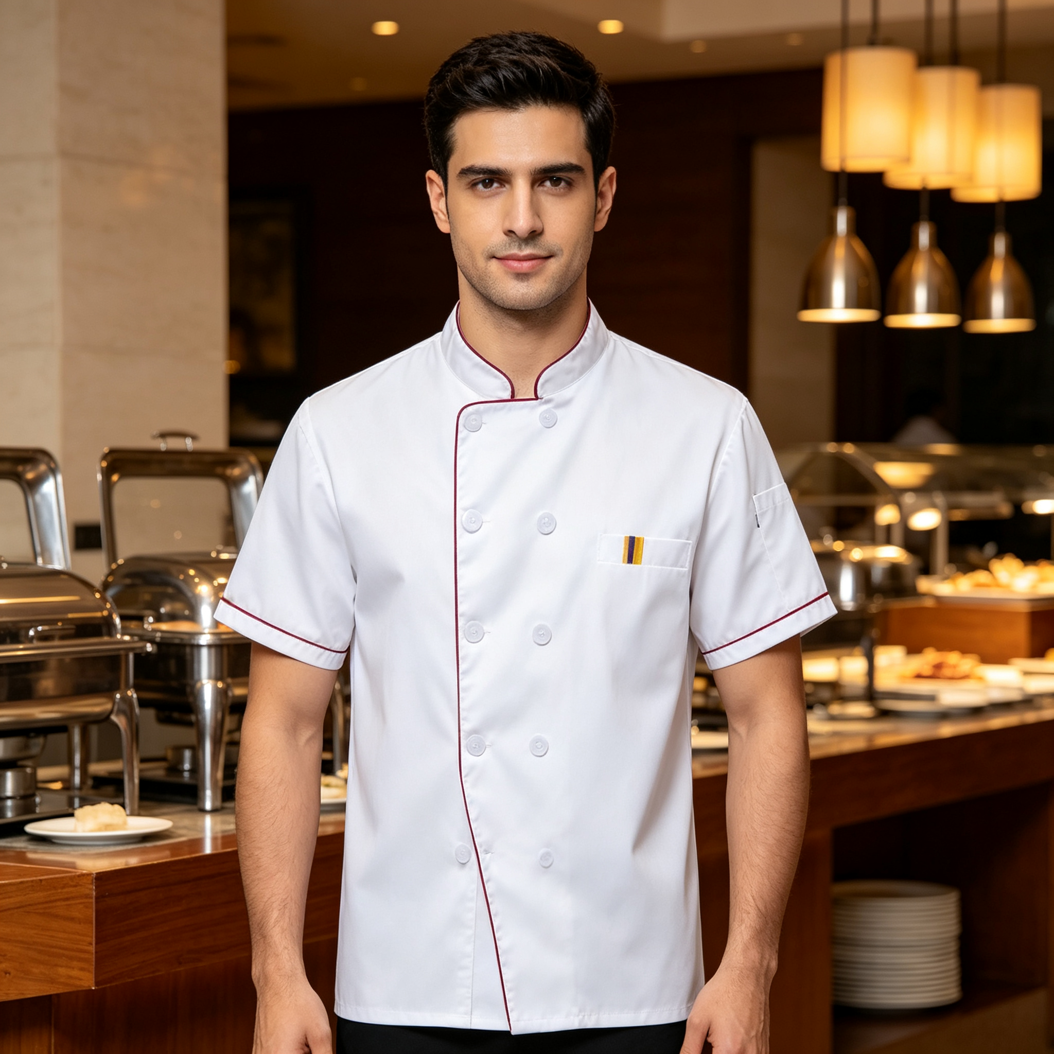 Complete chef jacket, apron and hat set Contrast red piping for a classic restaurant look Double breasted white buttons and chest detail pocket Black striped apron with waist tie and pockets Matching chef hat for a professional uniform finish Plain jacket back for a neat consistent appearance Ideal for bakeries, cafes, hotels and pastry kitchens_6