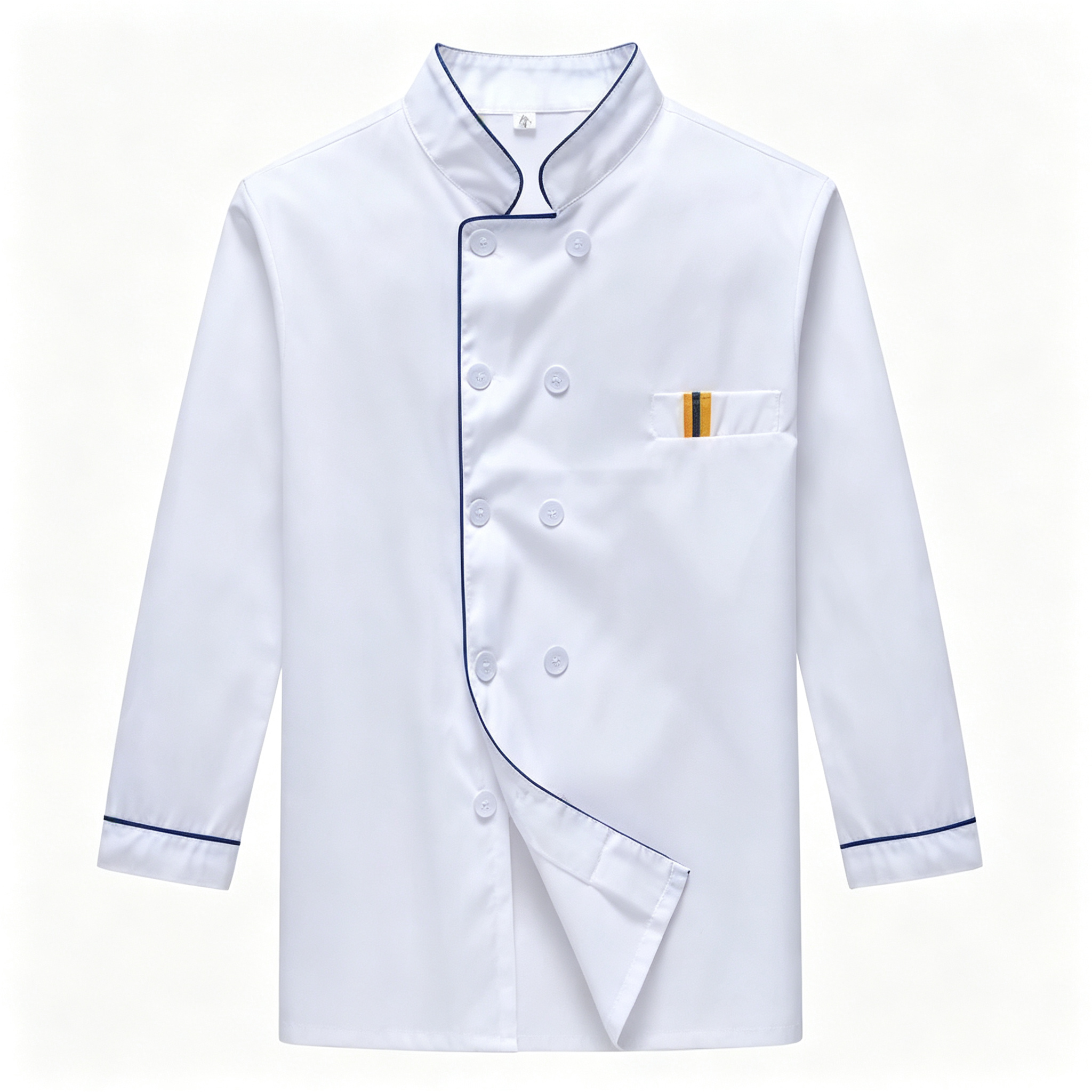 This men’s complete chef uniform set includes a clean white short sleeve chef jacket, a classic black striped apron, and a matching chef hat. The jacket features contrast red piping along the stand collar, oblique front and sleeves, double breasted white buttons, and a stylish chest detail pocket. The apron has white vertical stripes, a waist tie, and practical front pockets, while the hat adds a professional finishing touch. Suitable for bakers, pastry chefs, line cooks, cafe staff, and hotel teams._10