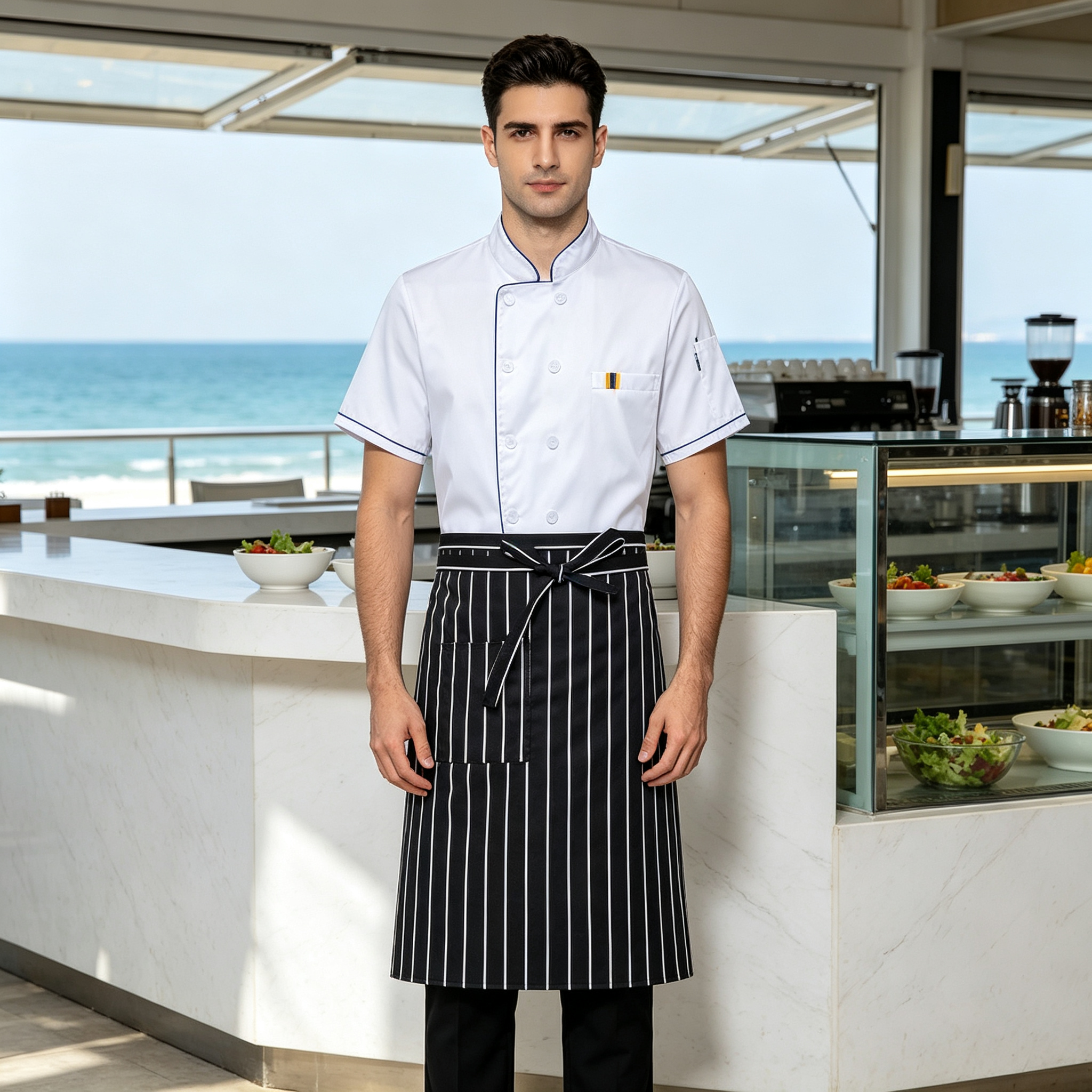 This men’s complete chef uniform set includes a clean white short sleeve chef jacket, a classic black striped apron, and a matching chef hat. The jacket features contrast red piping along the stand collar, oblique front and sleeves, double breasted white buttons, and a stylish chest detail pocket. The apron has white vertical stripes, a waist tie, and practical front pockets, while the hat adds a professional finishing touch. Suitable for bakers, pastry chefs, line cooks, cafe staff, and hotel teams._8
