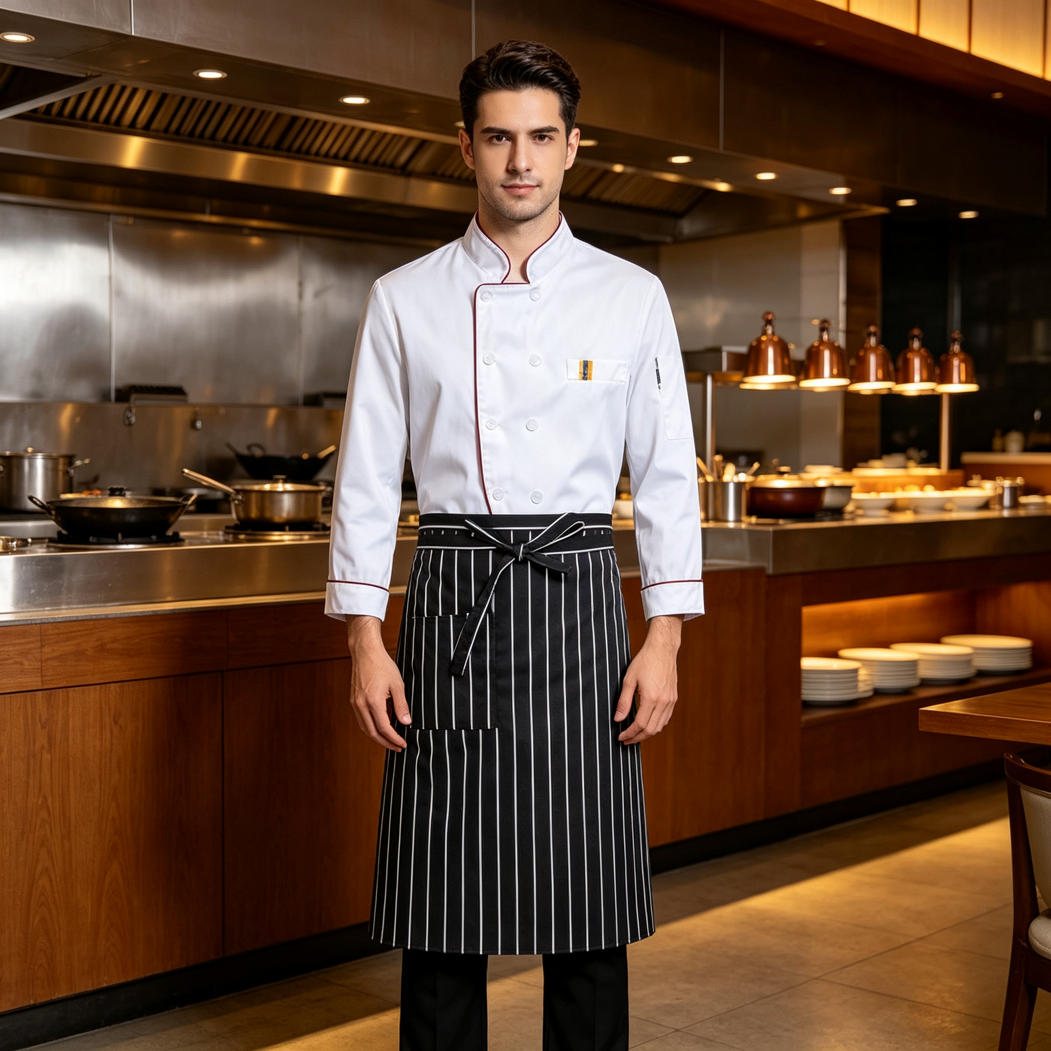 This men’s complete chef uniform set includes a clean white short sleeve chef jacket, a classic black striped apron, and a matching chef hat. The jacket features contrast red piping along the stand collar, oblique front and sleeves, double breasted white buttons, and a stylish chest detail pocket. The apron has white vertical stripes, a waist tie, and practical front pockets, while the hat adds a professional finishing touch. Suitable for bakers, pastry chefs, line cooks, cafe staff, and hotel teams._5