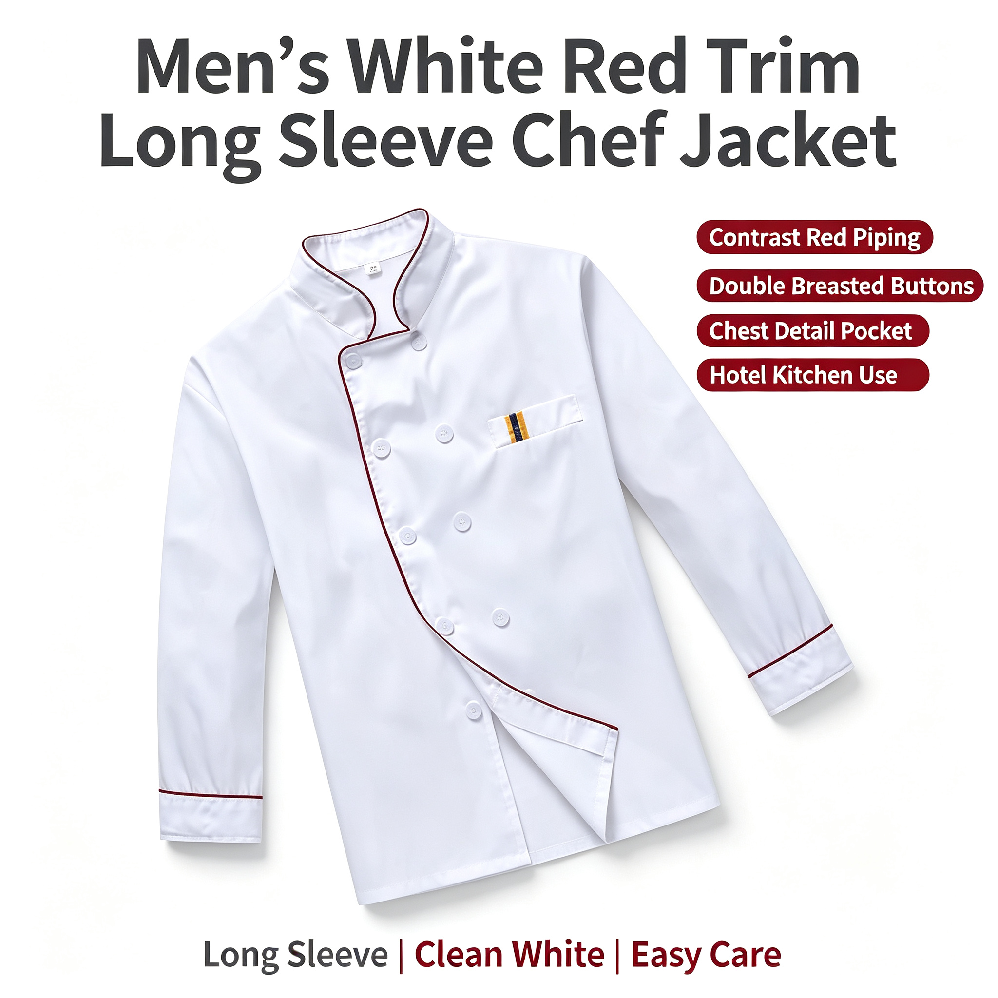 This men’s complete chef uniform set includes a clean white short sleeve chef jacket, a classic black striped apron, and a matching chef hat. The jacket features contrast red piping along the stand collar, oblique front and sleeves, double breasted white buttons, and a stylish chest detail pocket. The apron has white vertical stripes, a waist tie, and practical front pockets, while the hat adds a professional finishing touch. Suitable for bakers, pastry chefs, line cooks, cafe staff, and hotel teams._11