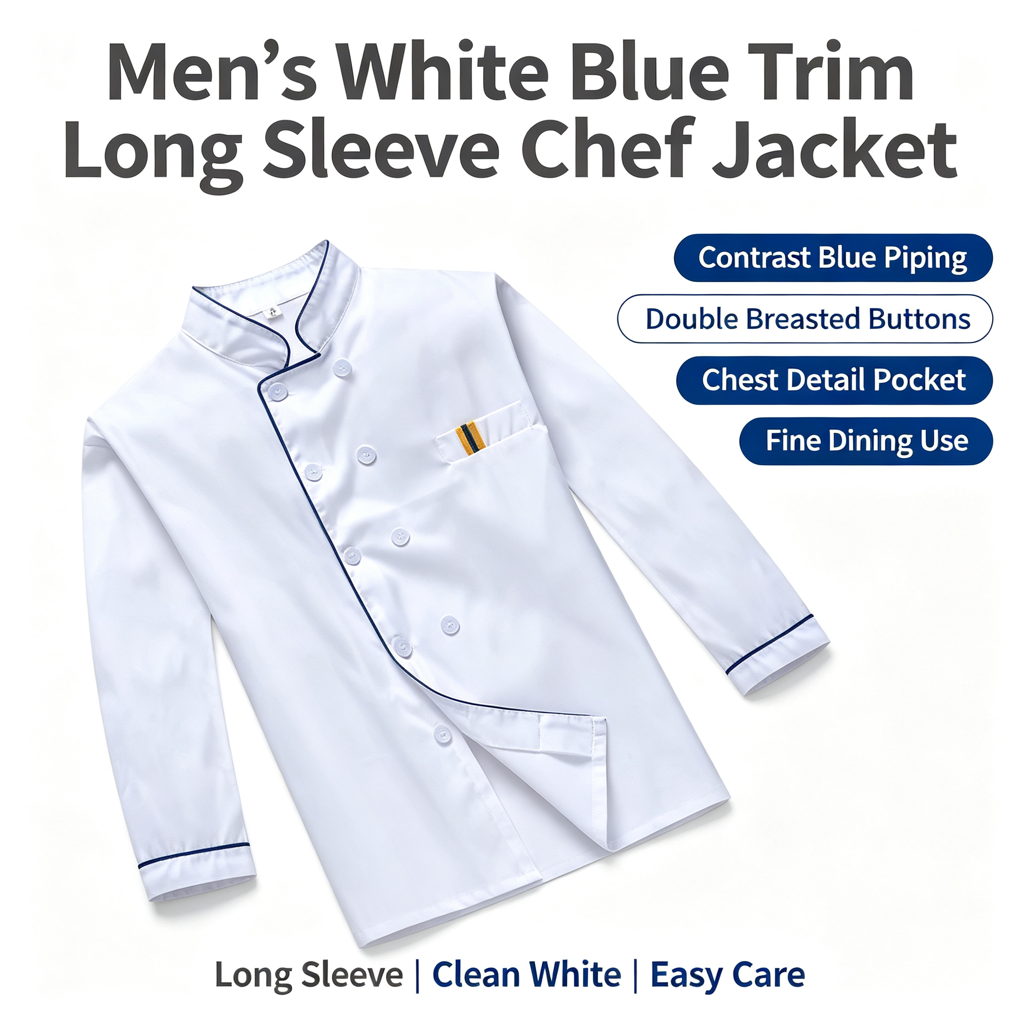 This men’s complete chef uniform set includes a clean white short sleeve chef jacket, a classic black striped apron, and a matching chef hat. The jacket features contrast red piping along the stand collar, oblique front and sleeves, double breasted white buttons, and a stylish chest detail pocket. The apron has white vertical stripes, a waist tie, and practical front pockets, while the hat adds a professional finishing touch. Suitable for bakers, pastry chefs, line cooks, cafe staff, and hotel teams._9