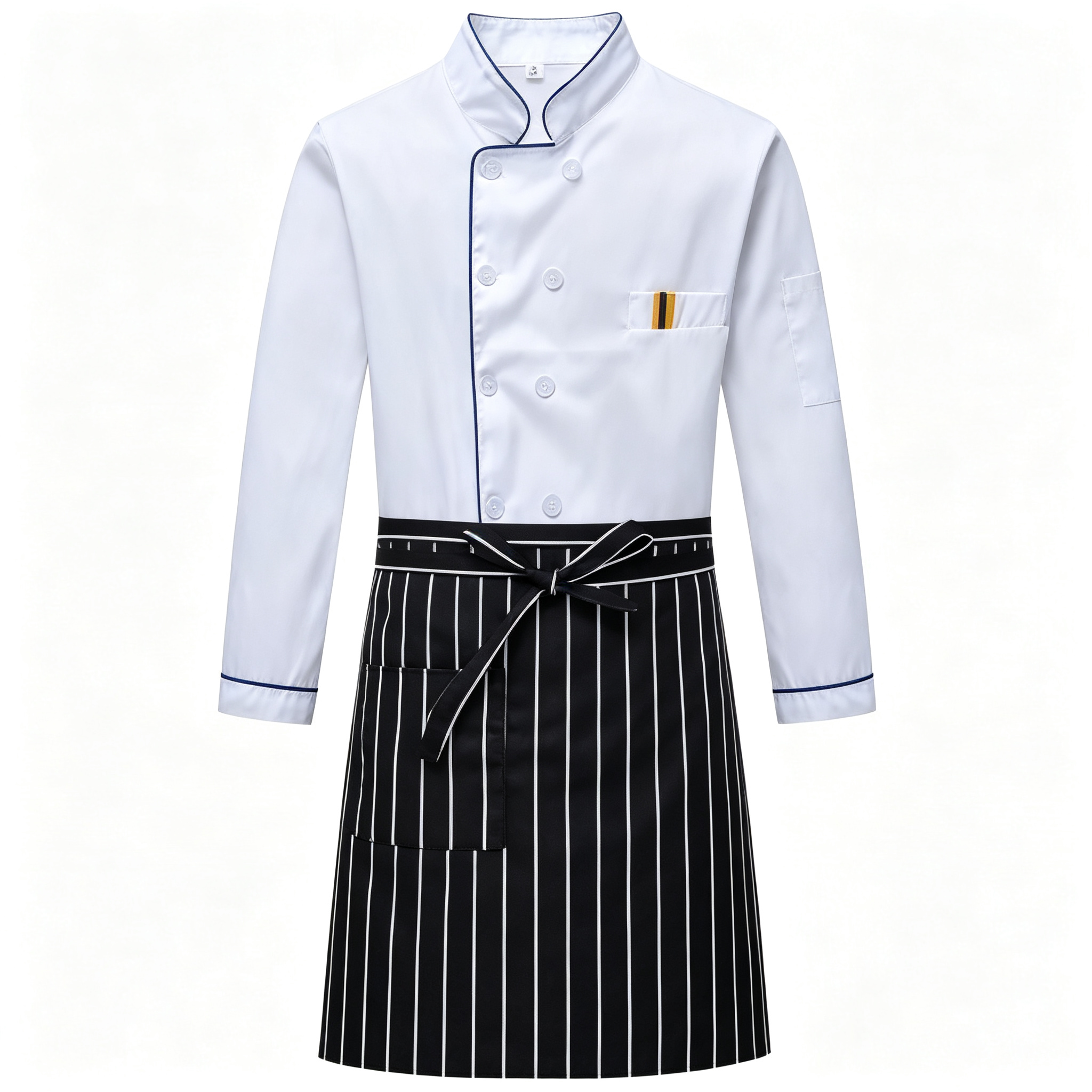 This men’s complete chef uniform set includes a clean white short sleeve chef jacket, a classic black striped apron, and a matching chef hat. The jacket features contrast red piping along the stand collar, oblique front and sleeves, double breasted white buttons, and a stylish chest detail pocket. The apron has white vertical stripes, a waist tie, and practical front pockets, while the hat adds a professional finishing touch. Suitable for bakers, pastry chefs, line cooks, cafe staff, and hotel teams._3