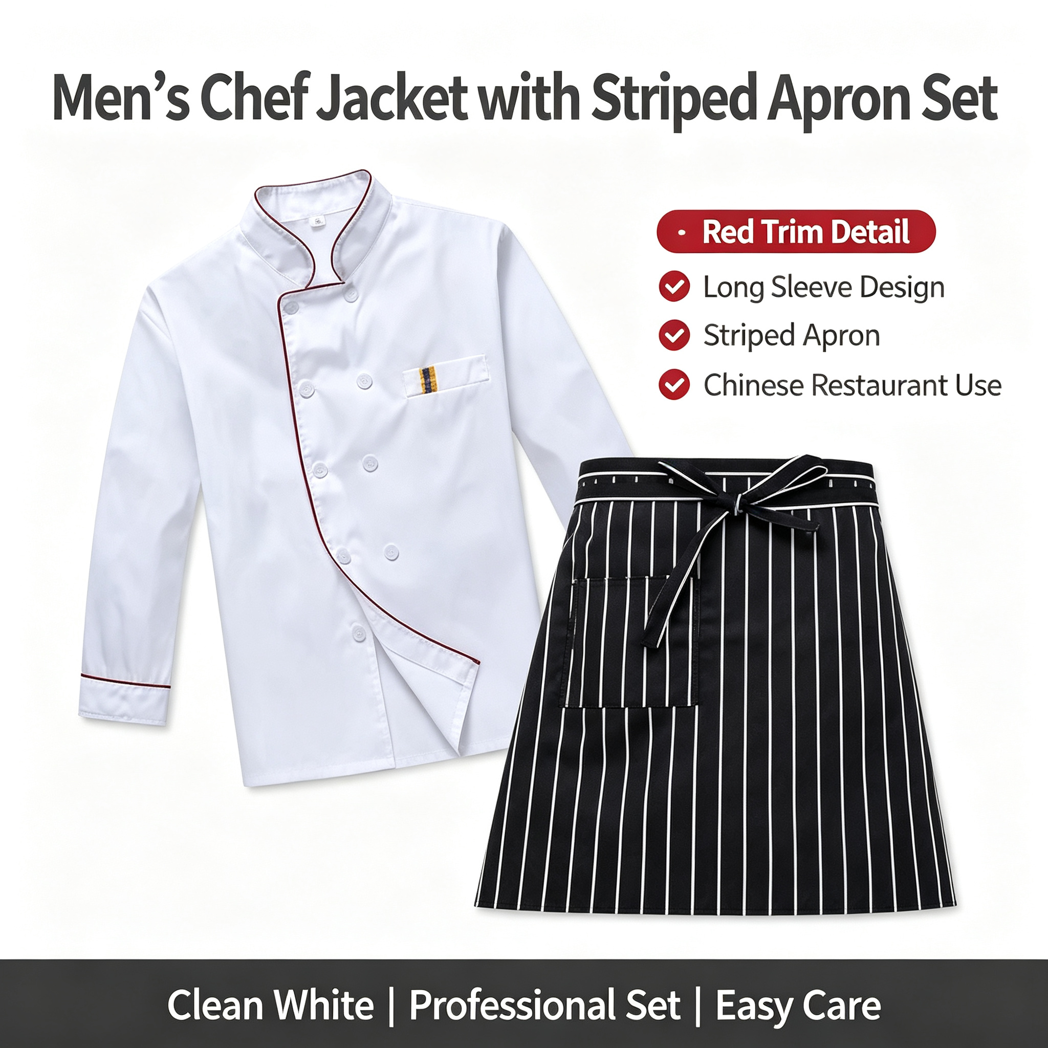This men’s complete chef uniform set includes a clean white short sleeve chef jacket, a classic black striped apron, and a matching chef hat. The jacket features contrast red piping along the stand collar, oblique front and sleeves, double breasted white buttons, and a stylish chest detail pocket. The apron has white vertical stripes, a waist tie, and practical front pockets, while the hat adds a professional finishing touch. Suitable for bakers, pastry chefs, line cooks, cafe staff, and hotel teams._4