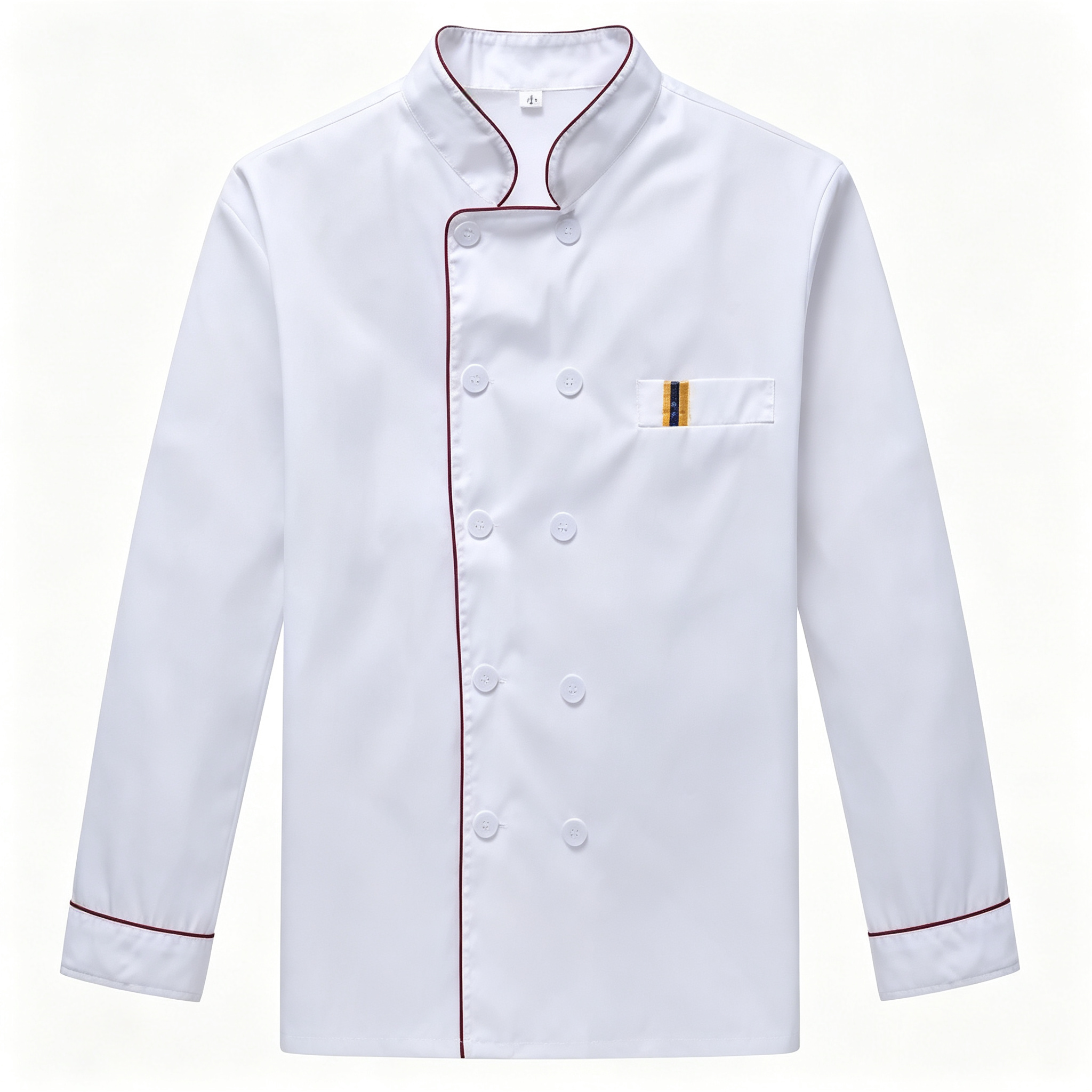 Men’s White Red Trim Chef Jacket with Striped Apron and Hat – Full Professional Uniform Set for Bakery, Cafe & Hotel Use