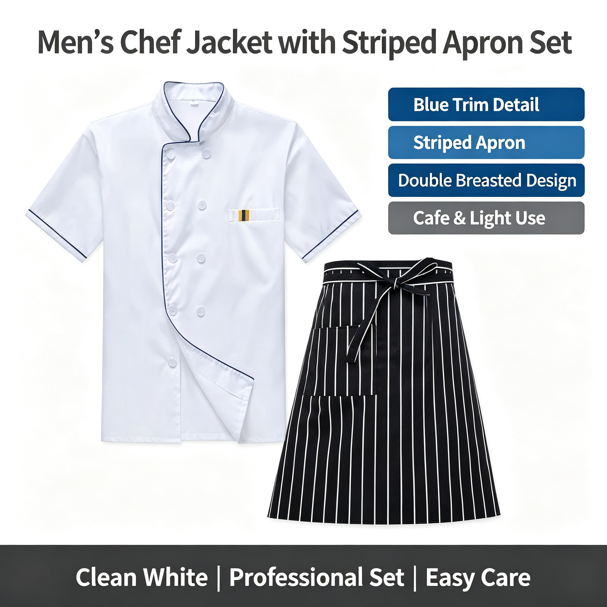 This men’s complete chef uniform set includes a clean white short sleeve chef jacket, a classic black striped apron, and a matching chef hat. The jacket features contrast red piping along the stand collar, oblique front and sleeves, double breasted white buttons, and a stylish chest detail pocket. The apron has white vertical stripes, a waist tie, and practical front pockets, while the hat adds a professional finishing touch. Suitable for bakers, pastry chefs, line cooks, cafe staff, and hotel teams._7