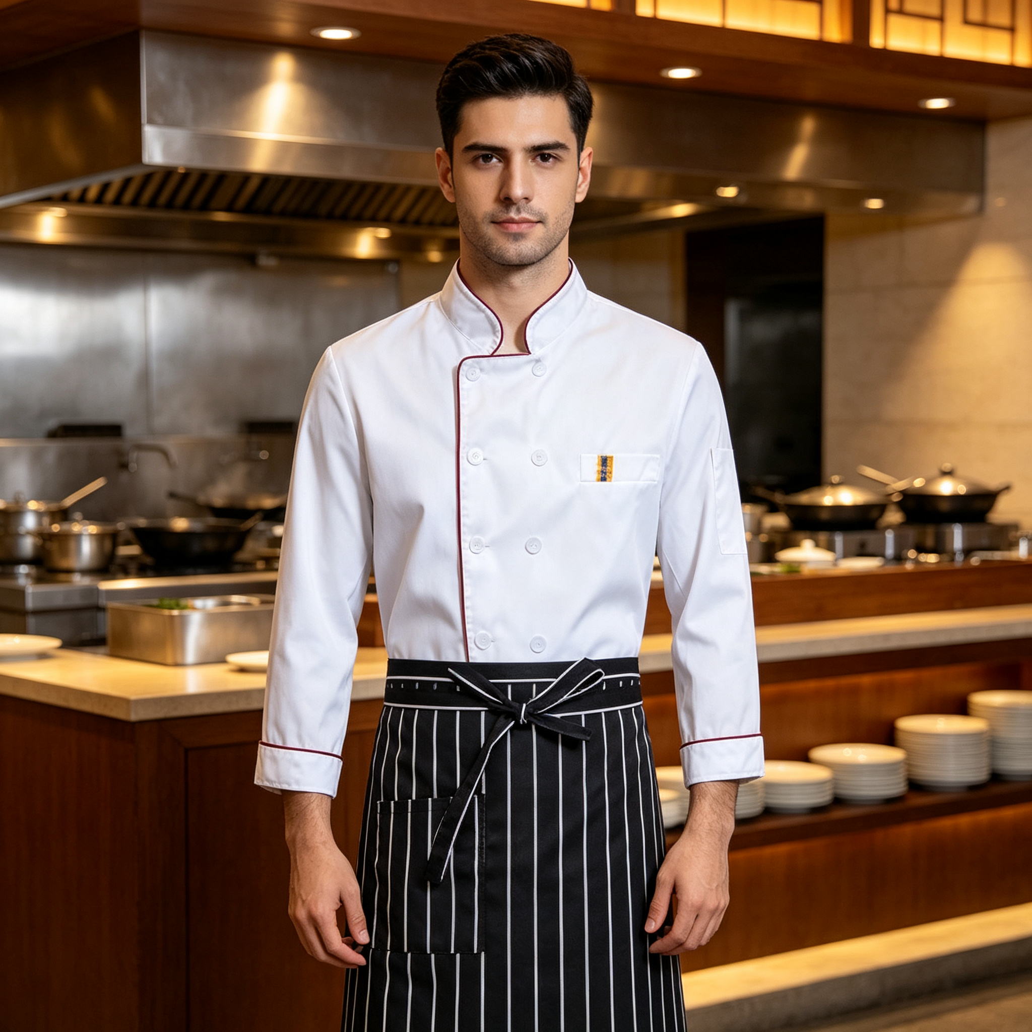 This men’s complete chef uniform set includes a clean white short sleeve chef jacket, a classic black striped apron, and a matching chef hat. The jacket features contrast red piping along the stand collar, oblique front and sleeves, double breasted white buttons, and a stylish chest detail pocket. The apron has white vertical stripes, a waist tie, and practical front pockets, while the hat adds a professional finishing touch. Suitable for bakers, pastry chefs, line cooks, cafe staff, and hotel teams._6