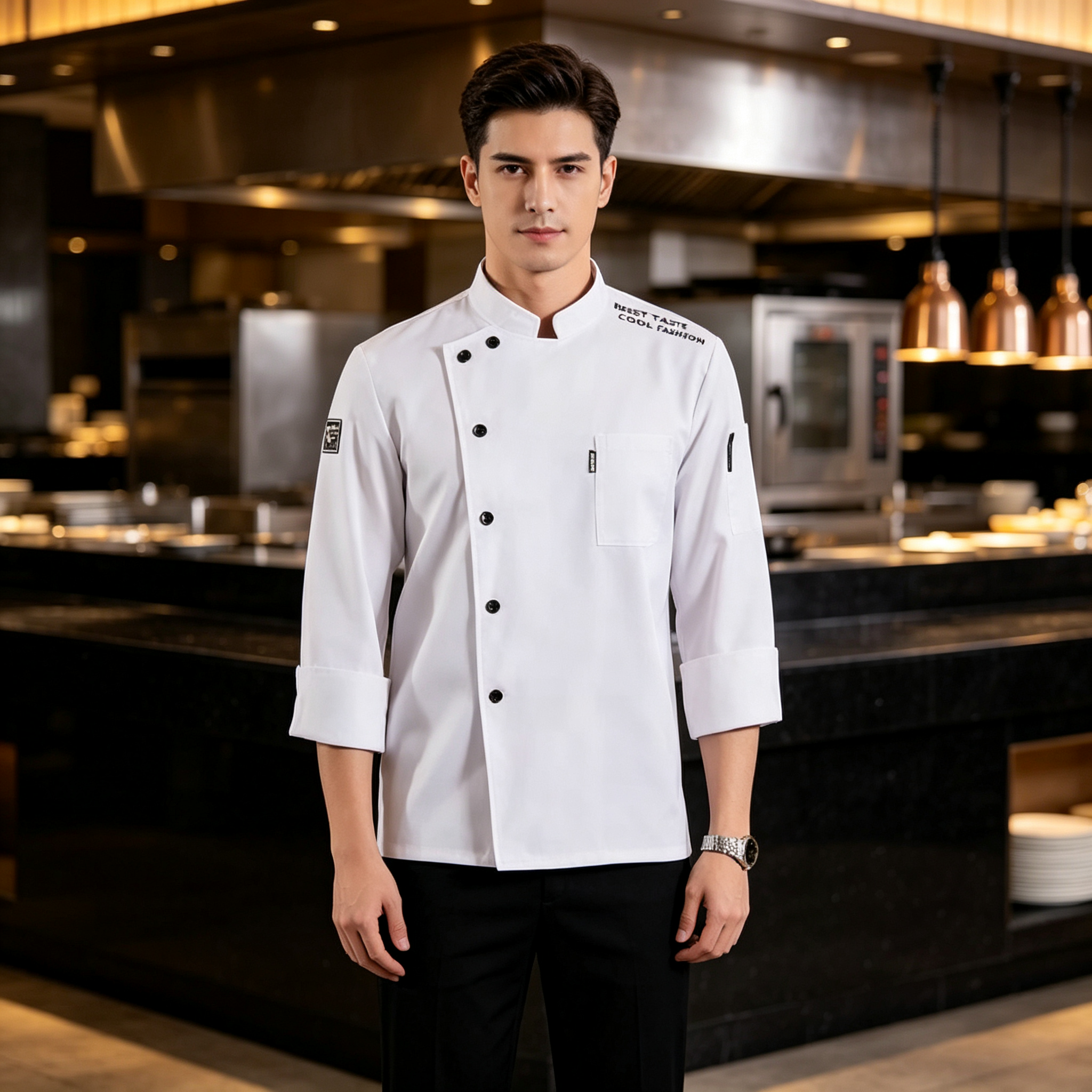This men’s modern chef jacket features a clean white short sleeve design with a stand collar, oblique front, and black button closure. It includes stylish shoulder print details, a chest patch pocket, decorative sleeve badges, and a comfortable straight fit. The plain back provides a neat uniform look, while the black details create a bold contemporary identity. Suitable for chefs, sous chefs, line cooks, bakers, and restaurant staff who want a fashionable kitchen uniform._4