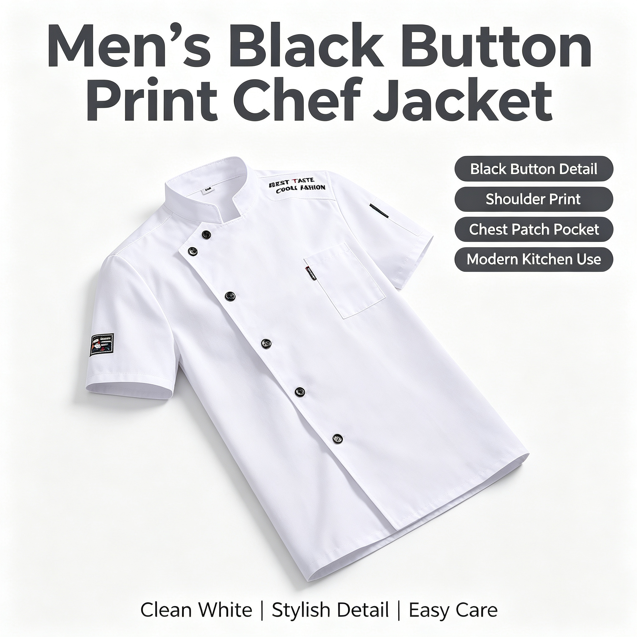 This men’s modern chef jacket features a clean white short sleeve design with a stand collar, oblique front, and black button closure. It includes stylish shoulder print details, a chest patch pocket, decorative sleeve badges, and a comfortable straight fit. The plain back provides a neat uniform look, while the black details create a bold contemporary identity. Suitable for chefs, sous chefs, line cooks, bakers, and restaurant staff who want a fashionable kitchen uniform._7