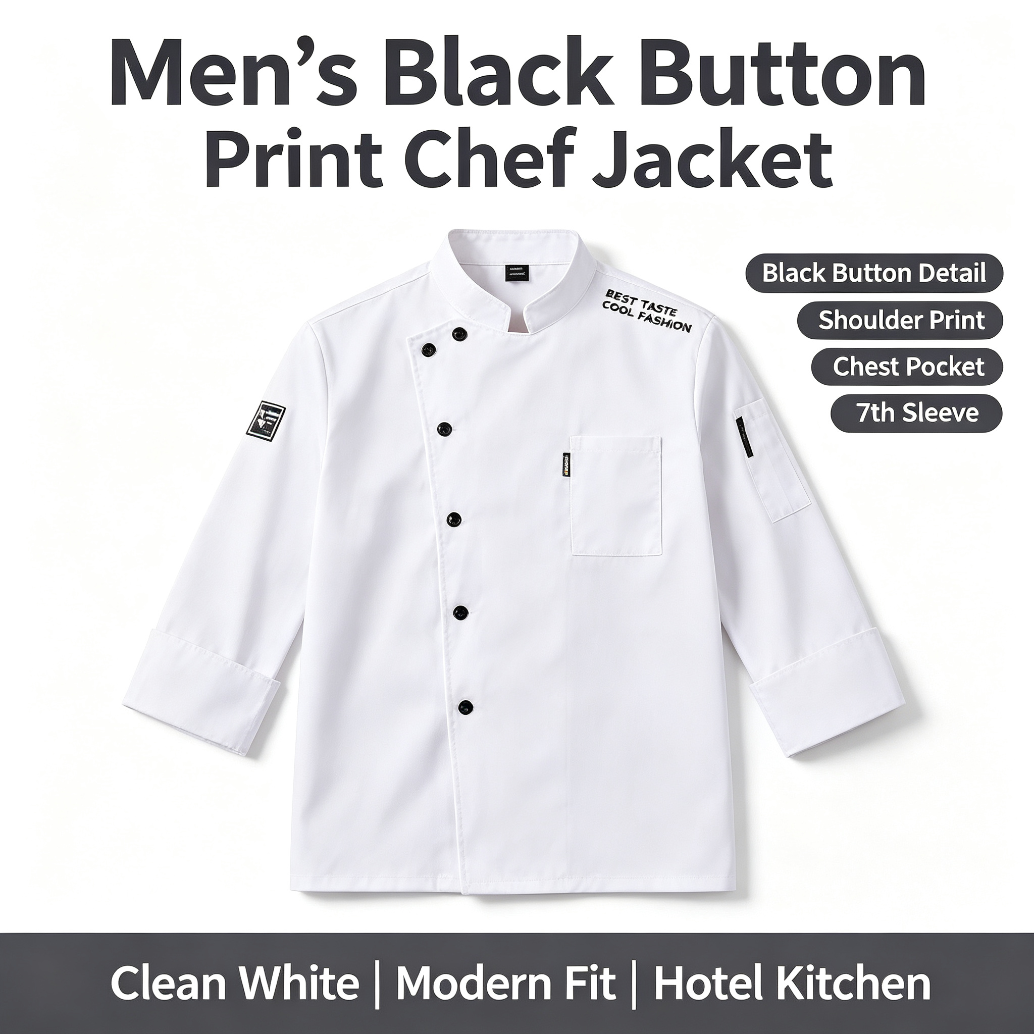 This men’s modern chef jacket features a clean white short sleeve design with a stand collar, oblique front, and black button closure. It includes stylish shoulder print details, a chest patch pocket, decorative sleeve badges, and a comfortable straight fit. The plain back provides a neat uniform look, while the black details create a bold contemporary identity. Suitable for chefs, sous chefs, line cooks, bakers, and restaurant staff who want a fashionable kitchen uniform._3