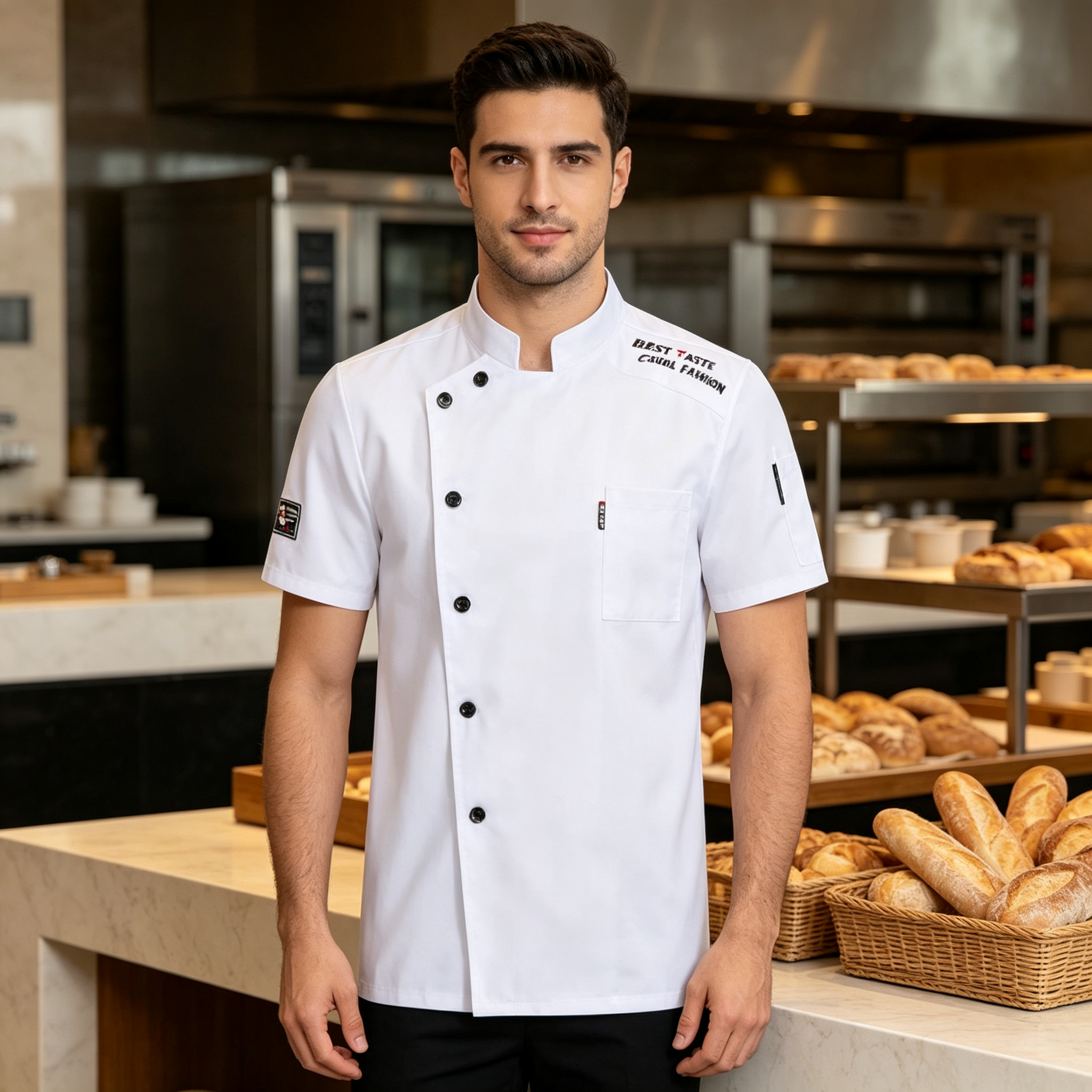 This men’s modern chef jacket features a clean white short sleeve design with a stand collar, oblique front, and black button closure. It includes stylish shoulder print details, a chest patch pocket, decorative sleeve badges, and a comfortable straight fit. The plain back provides a neat uniform look, while the black details create a bold contemporary identity. Suitable for chefs, sous chefs, line cooks, bakers, and restaurant staff who want a fashionable kitchen uniform._9