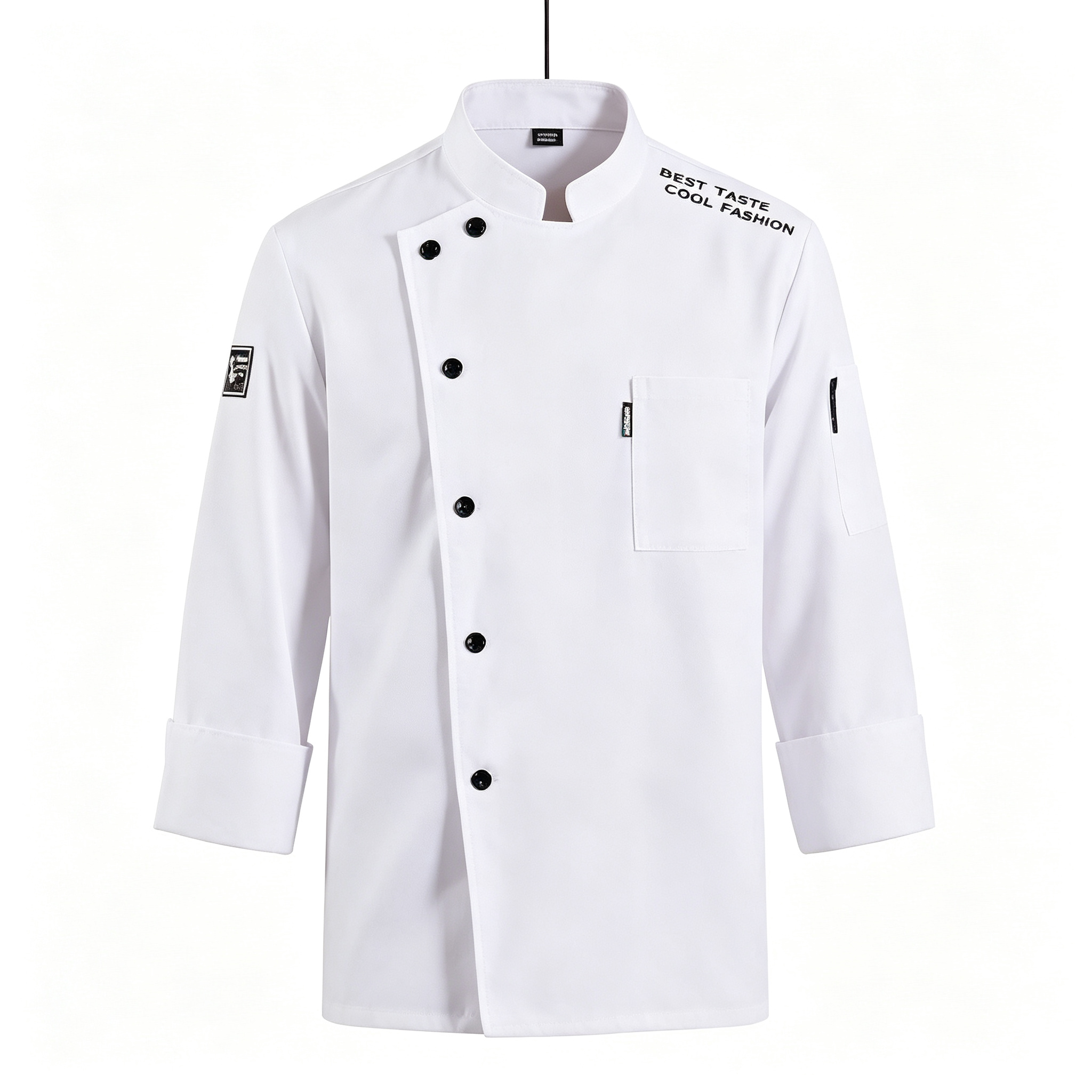 This men’s modern chef jacket features a clean white short sleeve design with a stand collar, oblique front, and black button closure. It includes stylish shoulder print details, a chest patch pocket, decorative sleeve badges, and a comfortable straight fit. The plain back provides a neat uniform look, while the black details create a bold contemporary identity. Suitable for chefs, sous chefs, line cooks, bakers, and restaurant staff who want a fashionable kitchen uniform._6