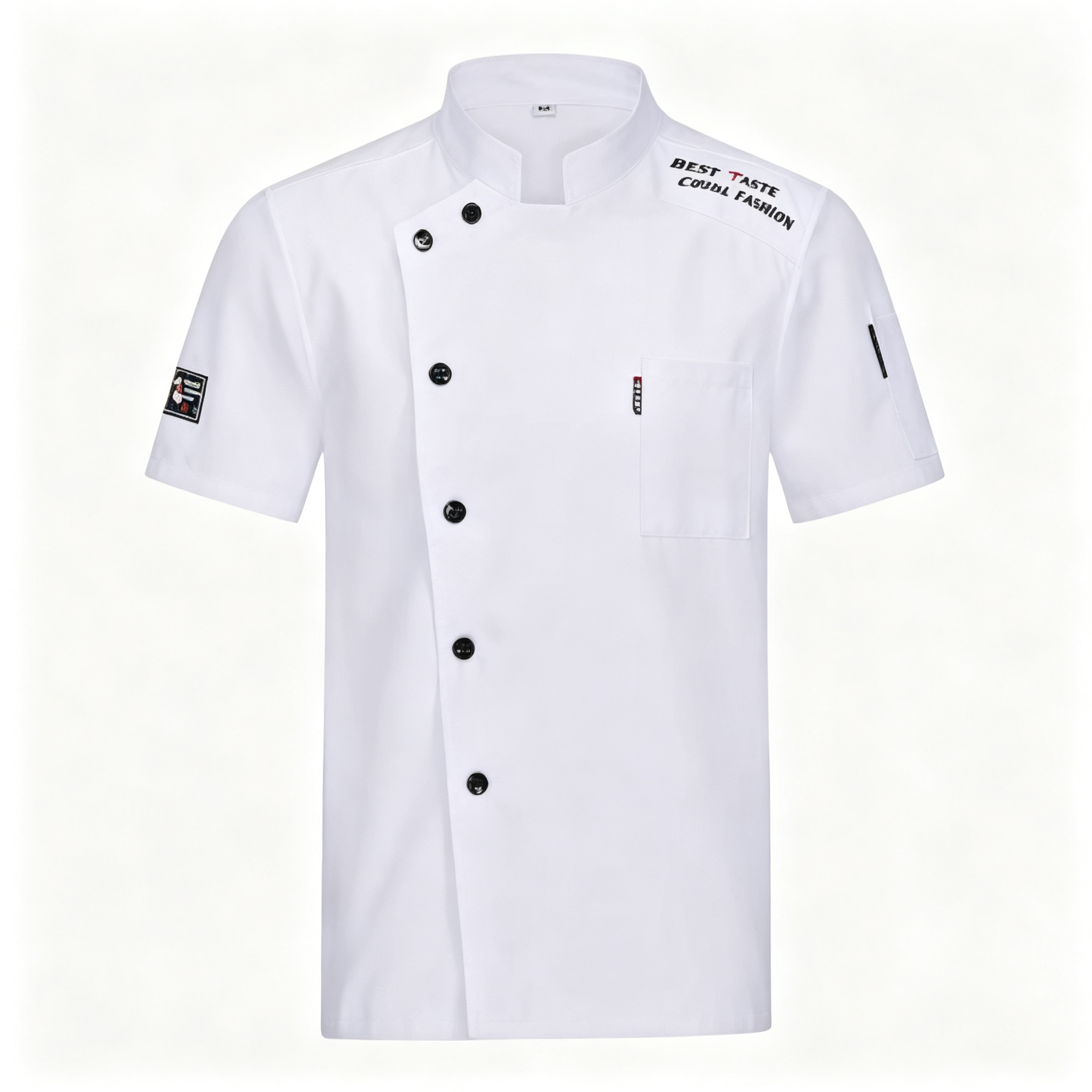 This men’s modern chef jacket features a clean white short sleeve design with a stand collar, oblique front, and black button closure. It includes stylish shoulder print details, a chest patch pocket, decorative sleeve badges, and a comfortable straight fit. The plain back provides a neat uniform look, while the black details create a bold contemporary identity. Suitable for chefs, sous chefs, line cooks, bakers, and restaurant staff who want a fashionable kitchen uniform._2