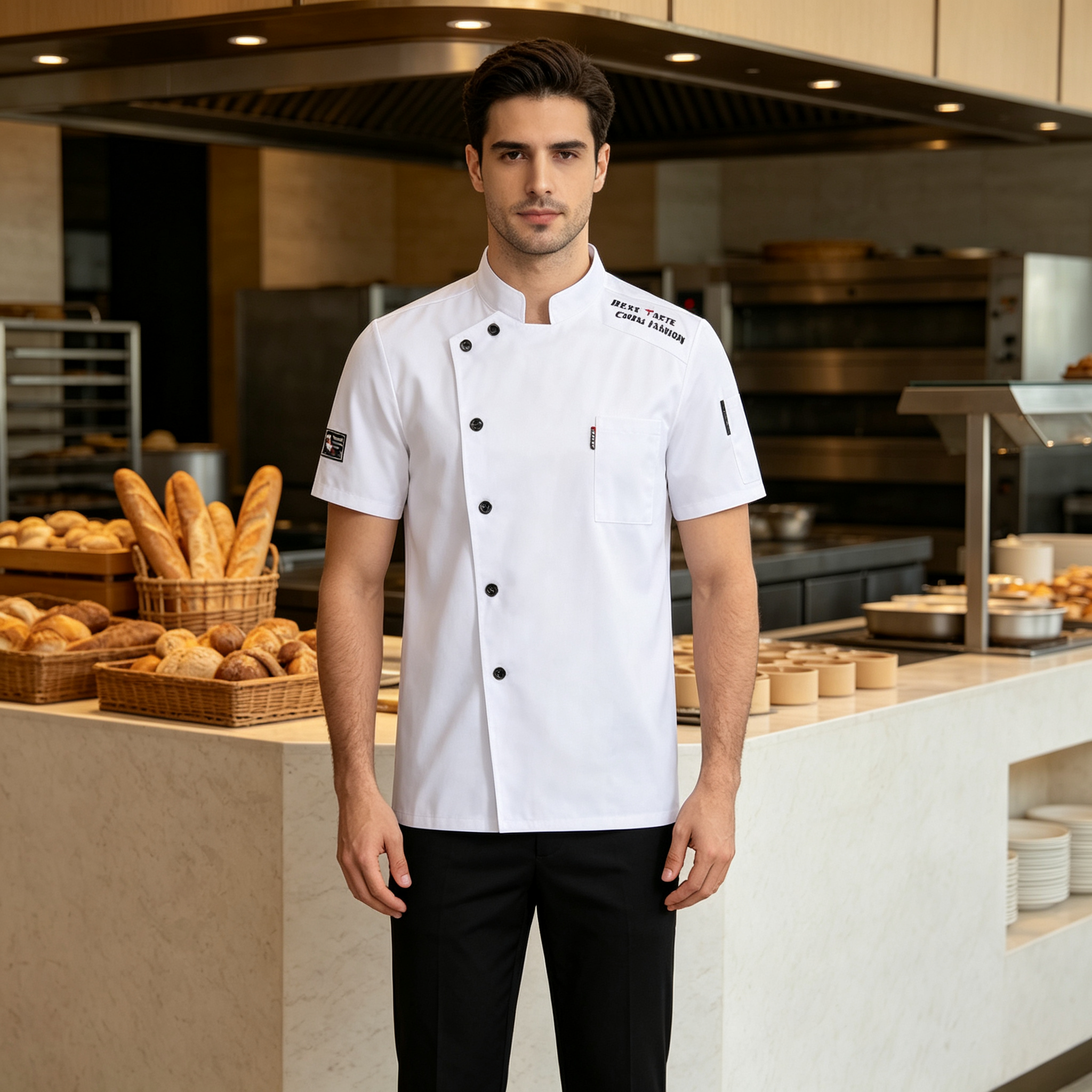 This men’s modern chef jacket features a clean white short sleeve design with a stand collar, oblique front, and black button closure. It includes stylish shoulder print details, a chest patch pocket, decorative sleeve badges, and a comfortable straight fit. The plain back provides a neat uniform look, while the black details create a bold contemporary identity. Suitable for chefs, sous chefs, line cooks, bakers, and restaurant staff who want a fashionable kitchen uniform._8