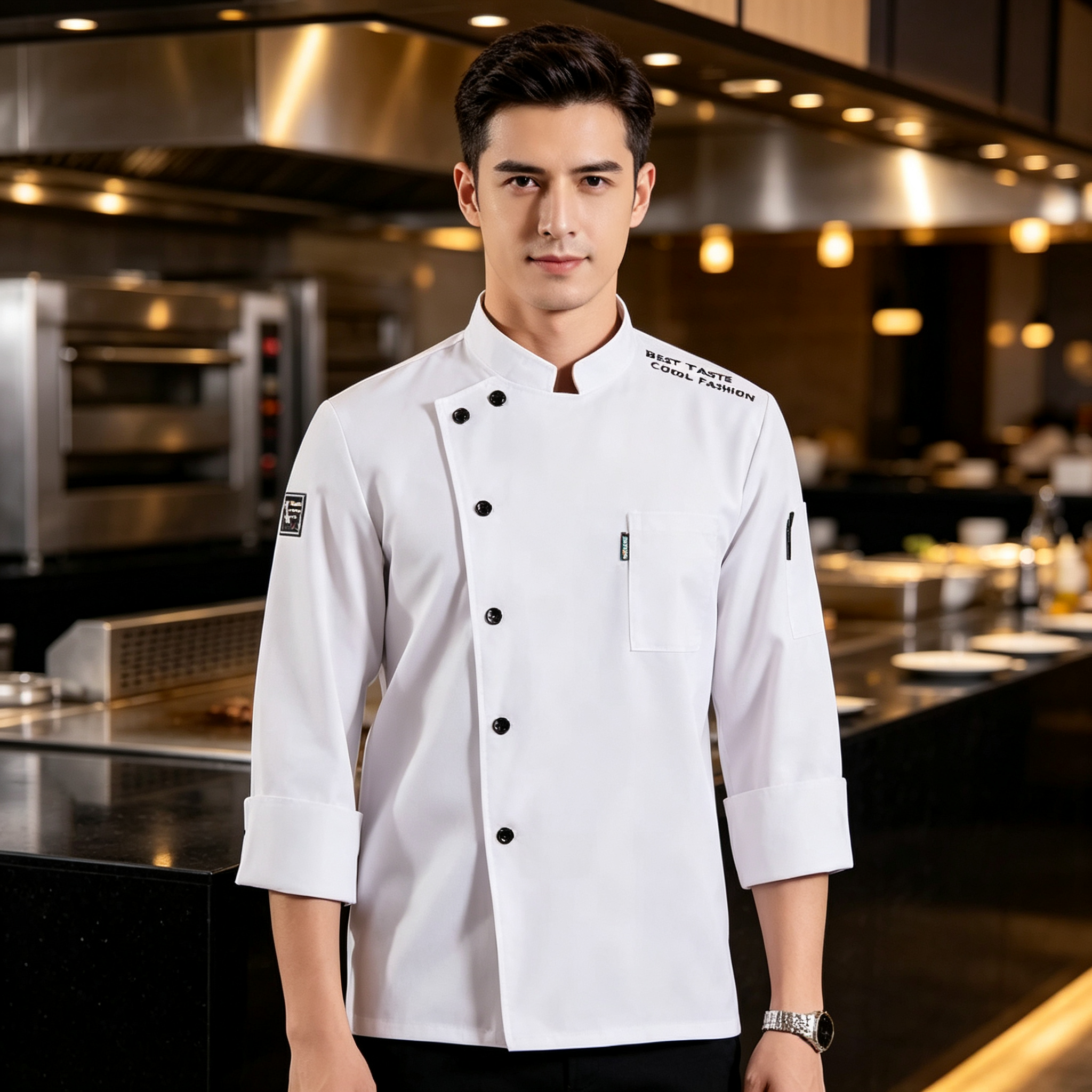 This men’s modern chef jacket features a clean white short sleeve design with a stand collar, oblique front, and black button closure. It includes stylish shoulder print details, a chest patch pocket, decorative sleeve badges, and a comfortable straight fit. The plain back provides a neat uniform look, while the black details create a bold contemporary identity. Suitable for chefs, sous chefs, line cooks, bakers, and restaurant staff who want a fashionable kitchen uniform._5
