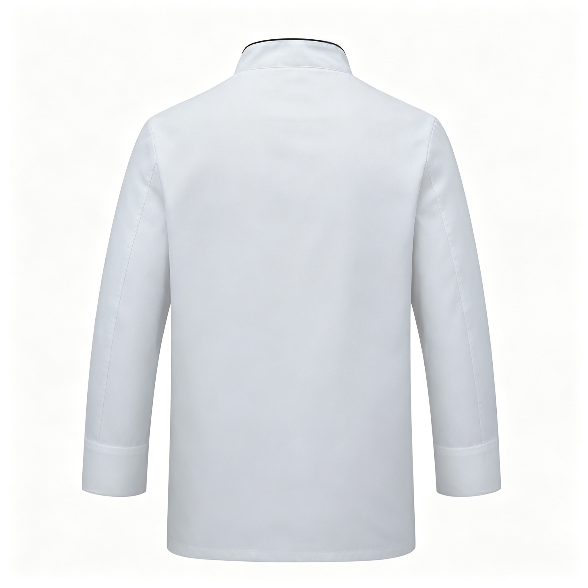 This men’s professional chef jacket features a clean white short sleeve design with black trim along the stand collar, double breasted black buttons, and a square chest pocket with black detail. The straight fit offers comfort and ease of movement during busy service, while the plain back creates a neat team uniform appearance. Suitable for chefs, sous chefs, line cooks, seafood counters, cold service stations, and restaurant kitchen staff._6