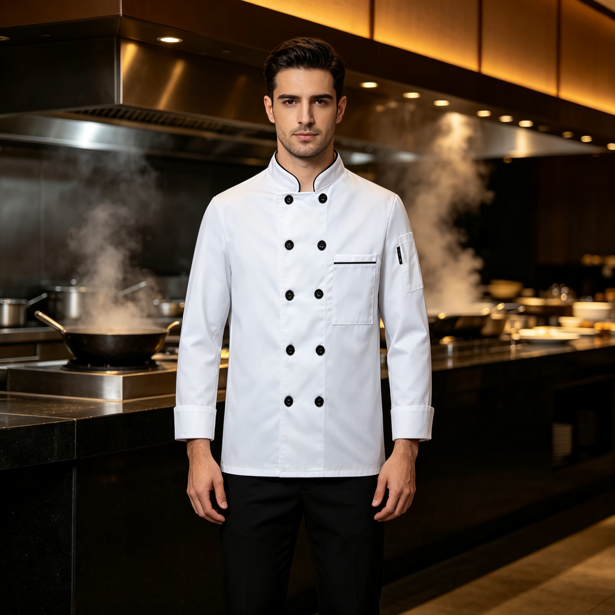 This men’s professional chef jacket features a clean white short sleeve design with black trim along the stand collar, double breasted black buttons, and a square chest pocket with black detail. The straight fit offers comfort and ease of movement during busy service, while the plain back creates a neat team uniform appearance. Suitable for chefs, sous chefs, line cooks, seafood counters, cold service stations, and restaurant kitchen staff._4