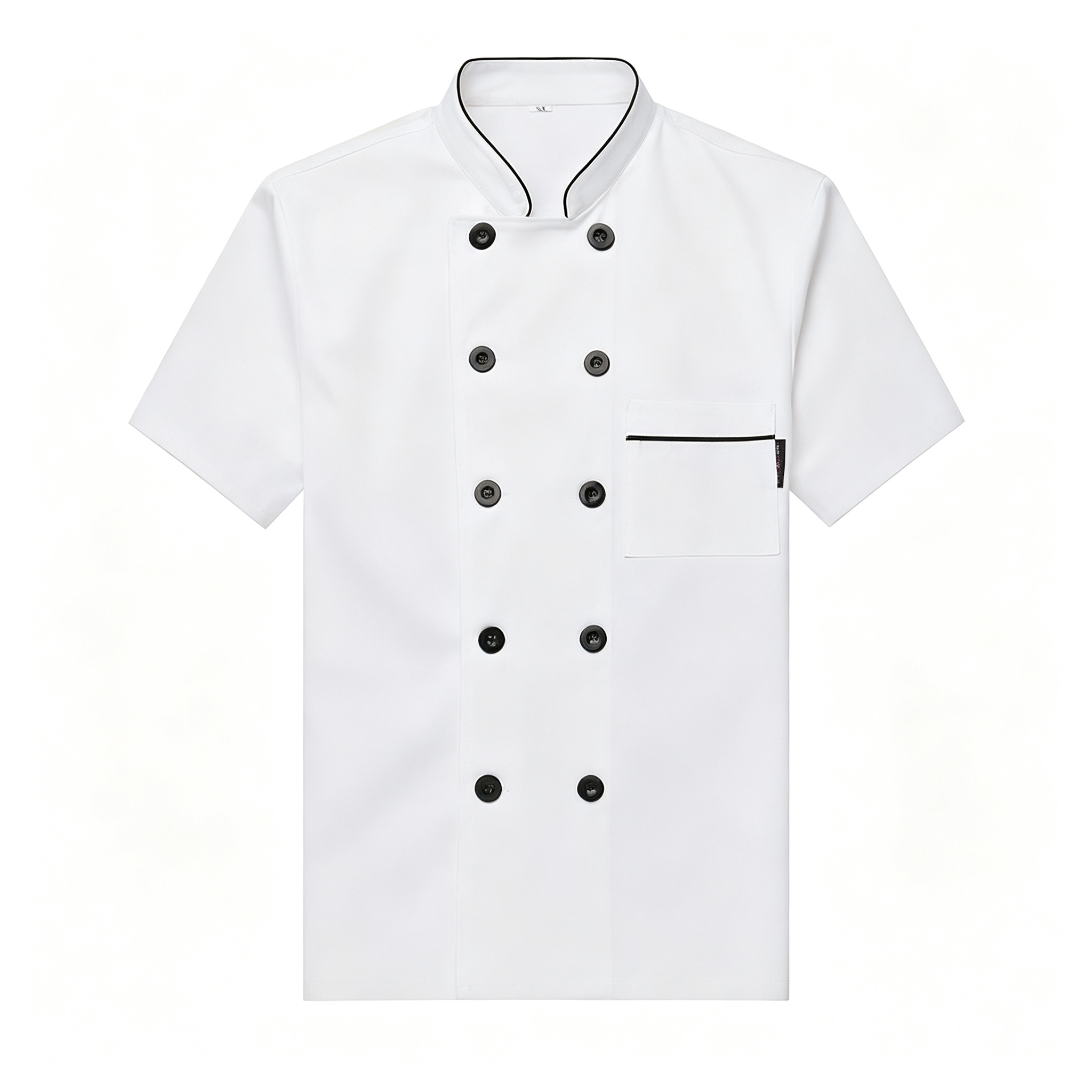 This men’s professional chef jacket features a clean white short sleeve design with black trim along the stand collar, double breasted black buttons, and a square chest pocket with black detail. The straight fit offers comfort and ease of movement during busy service, while the plain back creates a neat team uniform appearance. Suitable for chefs, sous chefs, line cooks, seafood counters, cold service stations, and restaurant kitchen staff._3