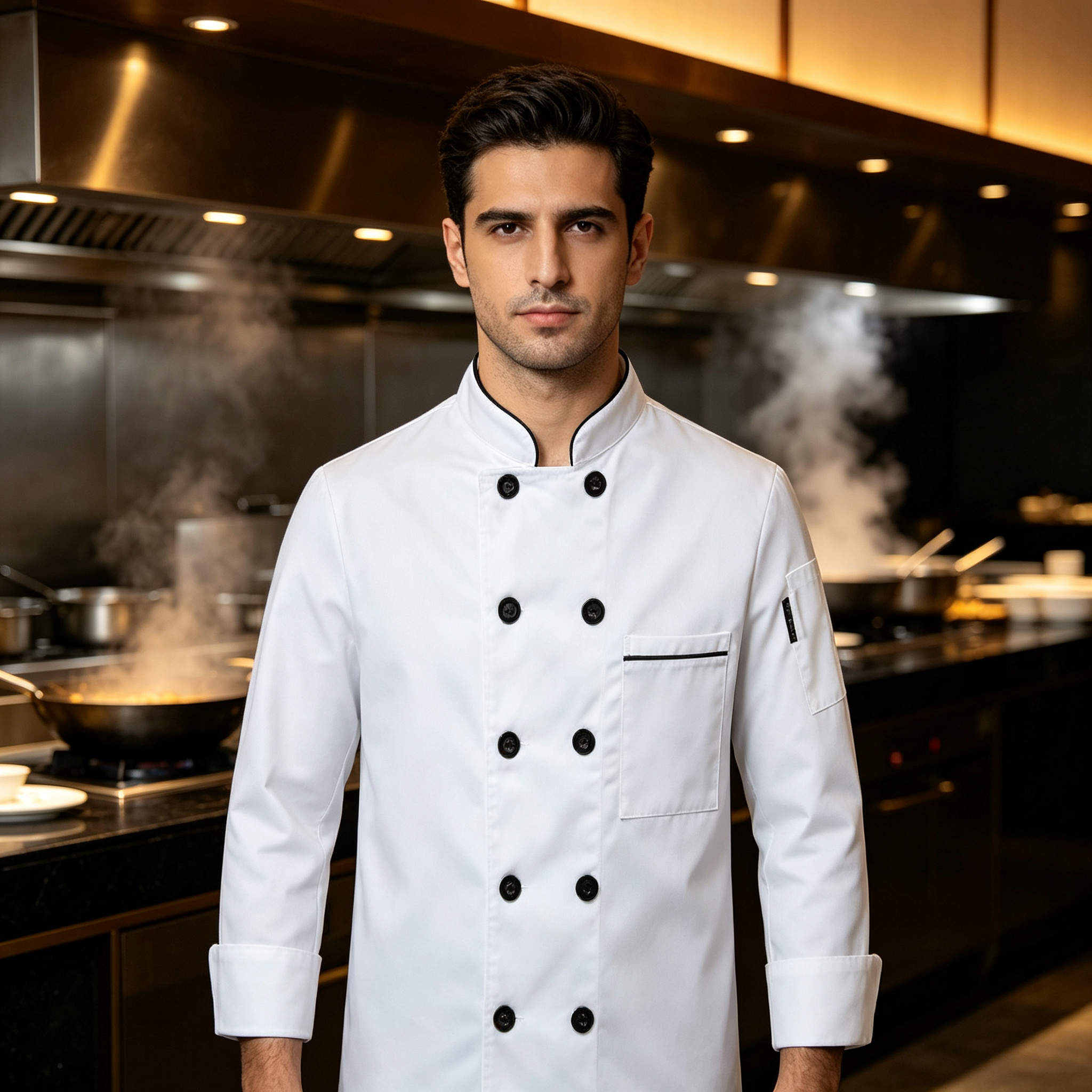 This men’s professional chef jacket features a clean white short sleeve design with black trim along the stand collar, double breasted black buttons, and a square chest pocket with black detail. The straight fit offers comfort and ease of movement during busy service, while the plain back creates a neat team uniform appearance. Suitable for chefs, sous chefs, line cooks, seafood counters, cold service stations, and restaurant kitchen staff._5