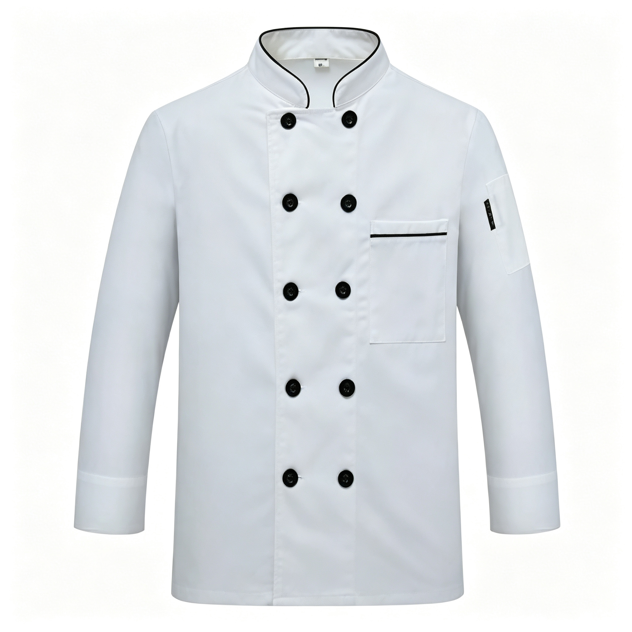 This men’s professional chef jacket features a clean white short sleeve design with black trim along the stand collar, double breasted black buttons, and a square chest pocket with black detail. The straight fit offers comfort and ease of movement during busy service, while the plain back creates a neat team uniform appearance. Suitable for chefs, sous chefs, line cooks, seafood counters, cold service stations, and restaurant kitchen staff._7