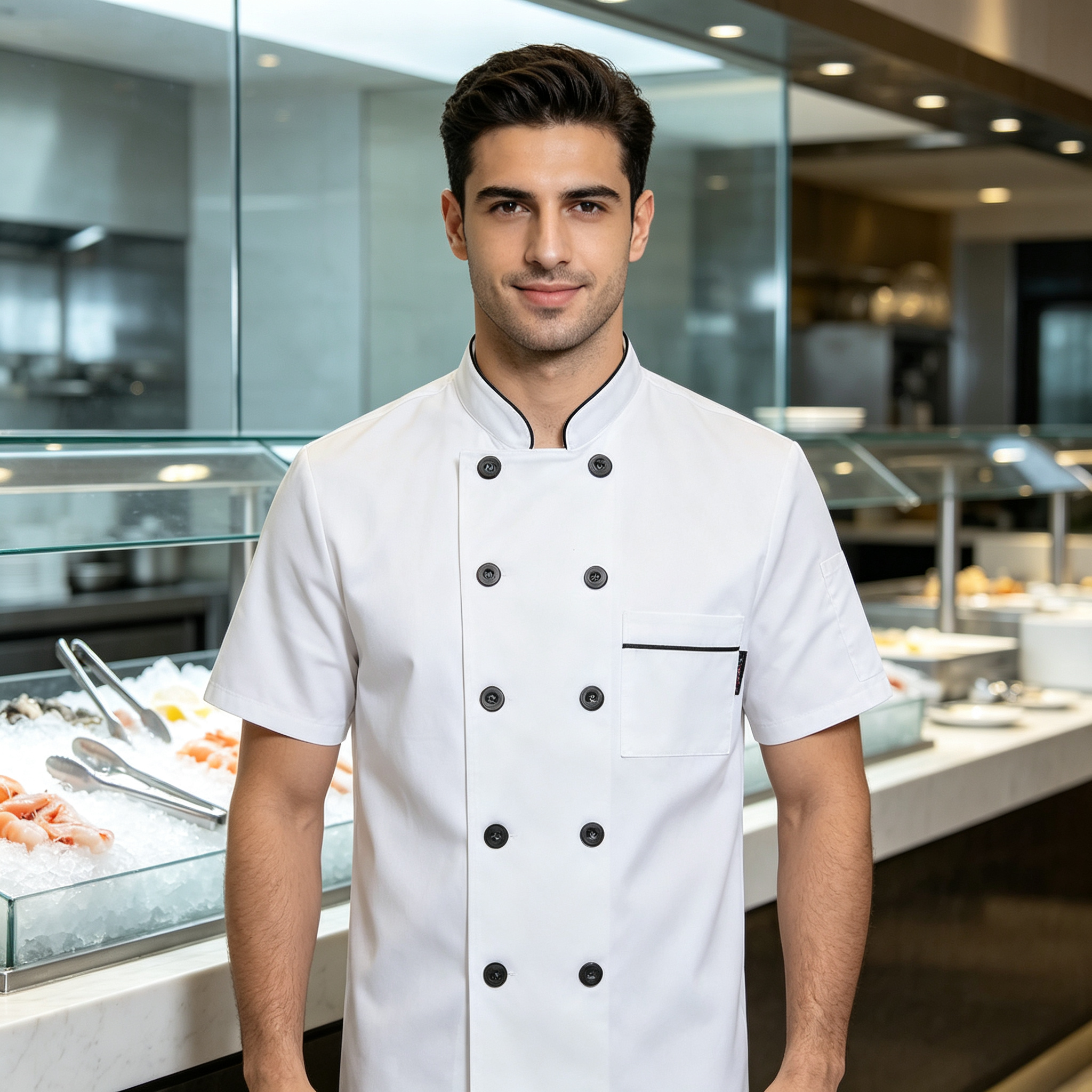 This men’s professional chef jacket features a clean white short sleeve design with black trim along the stand collar, double breasted black buttons, and a square chest pocket with black detail. The straight fit offers comfort and ease of movement during busy service, while the plain back creates a neat team uniform appearance. Suitable for chefs, sous chefs, line cooks, seafood counters, cold service stations, and restaurant kitchen staff._10