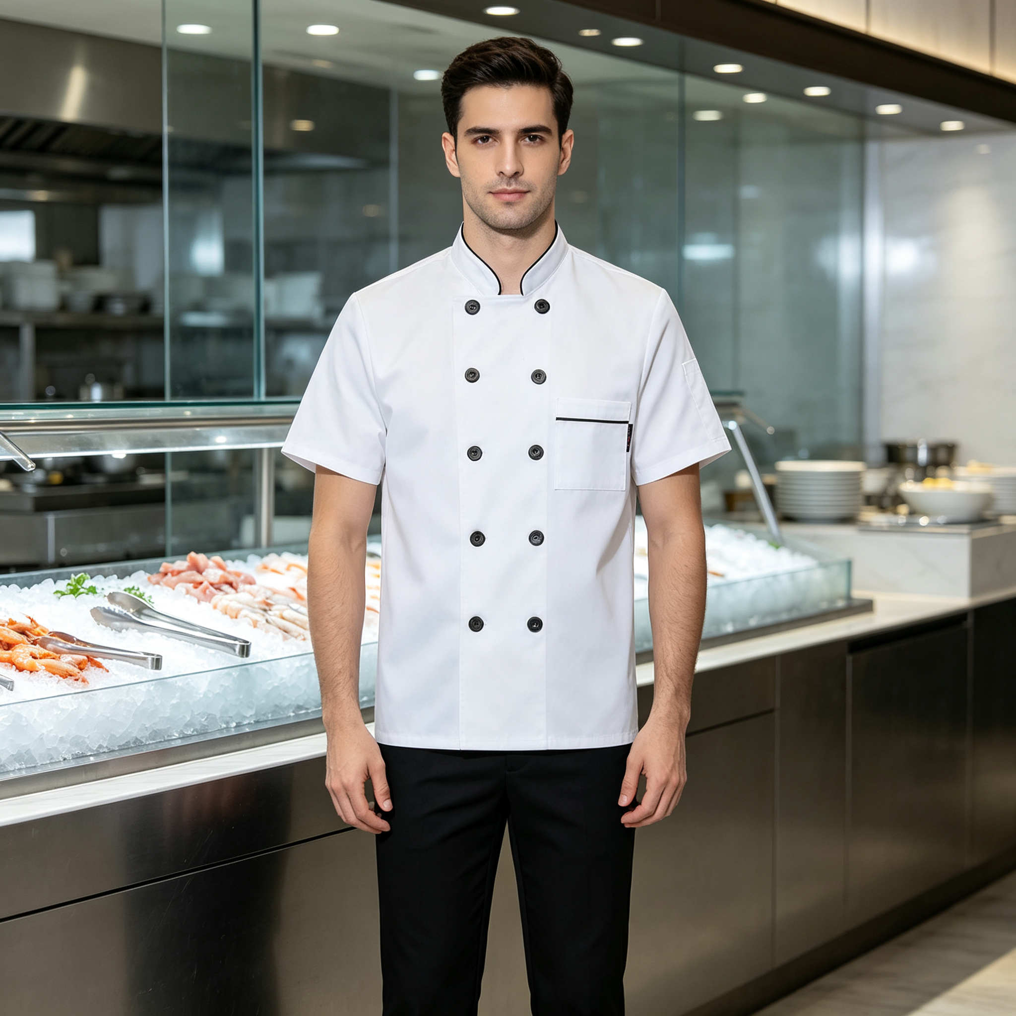 This men’s professional chef jacket features a clean white short sleeve design with black trim along the stand collar, double breasted black buttons, and a square chest pocket with black detail. The straight fit offers comfort and ease of movement during busy service, while the plain back creates a neat team uniform appearance. Suitable for chefs, sous chefs, line cooks, seafood counters, cold service stations, and restaurant kitchen staff._9