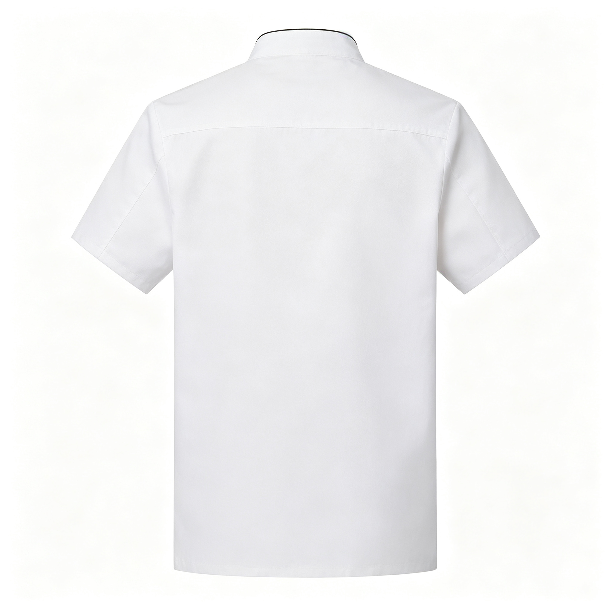 This men’s professional chef jacket features a clean white short sleeve design with black trim along the stand collar, double breasted black buttons, and a square chest pocket with black detail. The straight fit offers comfort and ease of movement during busy service, while the plain back creates a neat team uniform appearance. Suitable for chefs, sous chefs, line cooks, seafood counters, cold service stations, and restaurant kitchen staff._11