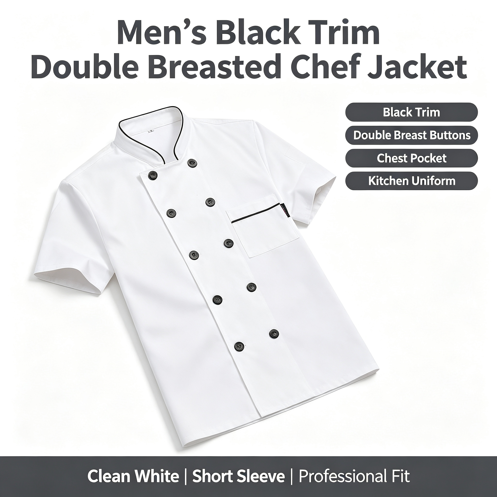 This men’s professional chef jacket features a clean white short sleeve design with black trim along the stand collar, double breasted black buttons, and a square chest pocket with black detail. The straight fit offers comfort and ease of movement during busy service, while the plain back creates a neat team uniform appearance. Suitable for chefs, sous chefs, line cooks, seafood counters, cold service stations, and restaurant kitchen staff._8