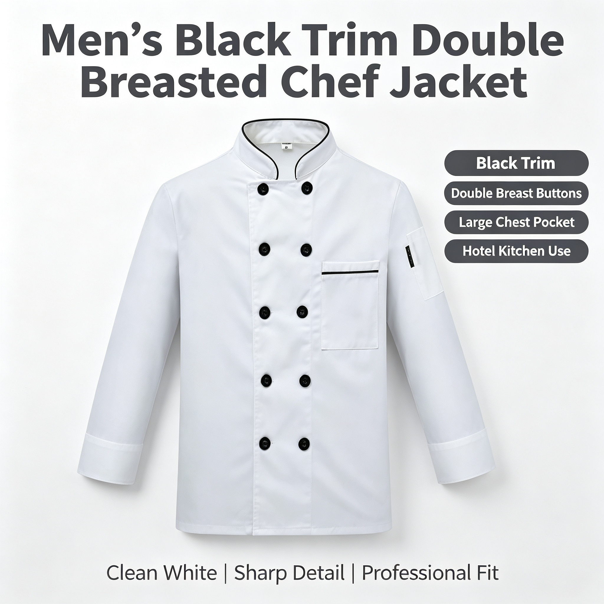 This men’s professional chef jacket features a clean white short sleeve design with black trim along the stand collar, double breasted black buttons, and a square chest pocket with black detail. The straight fit offers comfort and ease of movement during busy service, while the plain back creates a neat team uniform appearance. Suitable for chefs, sous chefs, line cooks, seafood counters, cold service stations, and restaurant kitchen staff._2