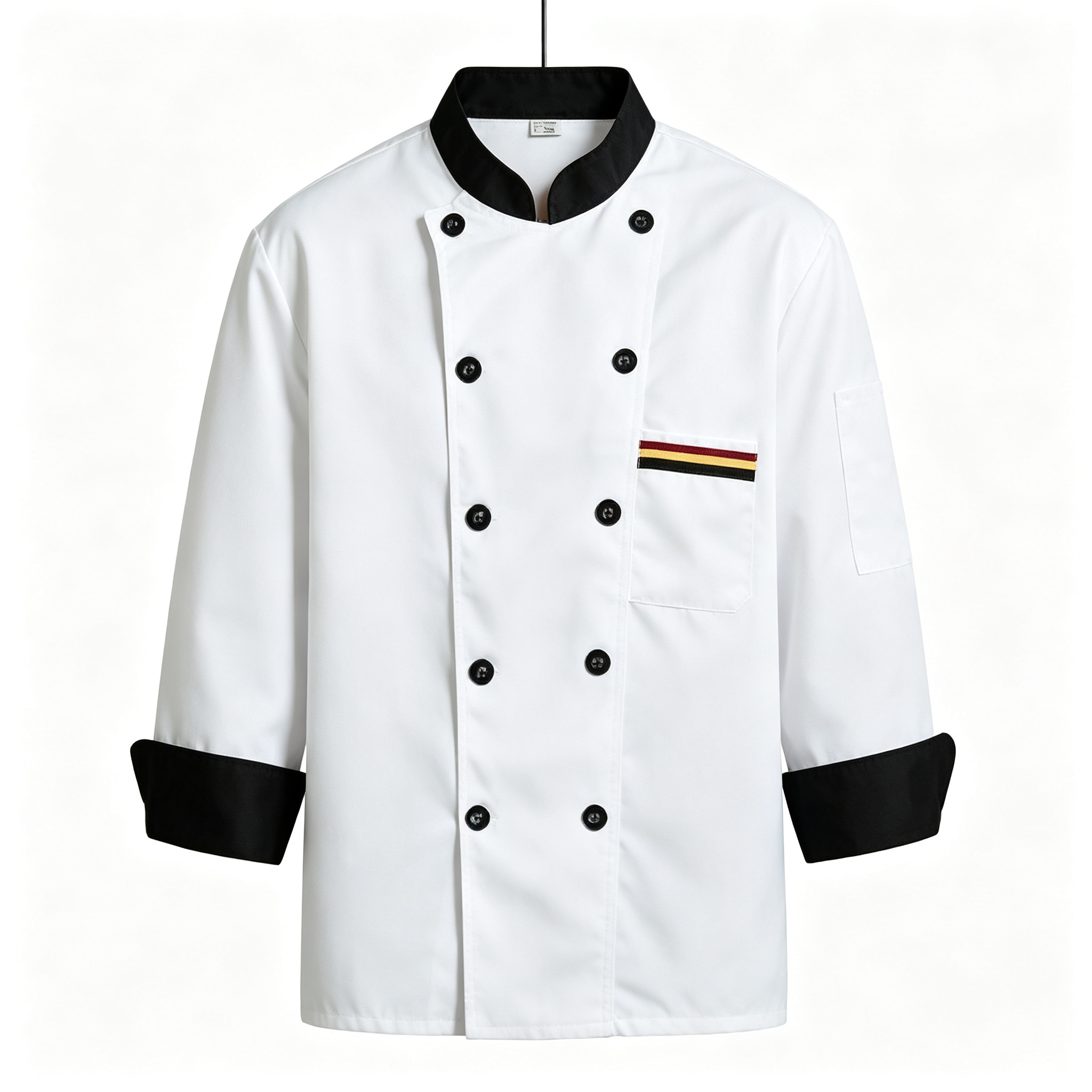This men’s professional chef jacket features a clean white design with a black stand collar, black cuff bands, double breasted black buttons, and a square chest pocket with colorful stripe detail. The long sleeves and structured front provide a professional appearance while allowing comfort during busy service. The plain back supports a neat team uniform look. Suitable for chefs, line cooks, hotel kitchen staff, restaurant teams, and BBQ service._8